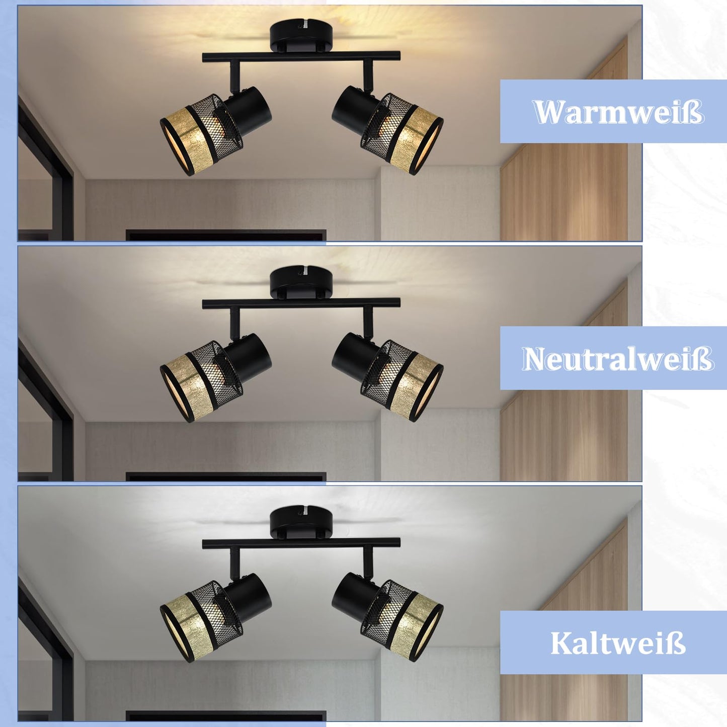 ZMH Deckenstrahler 2 Flammig Schwarz Deckenleuchte - Deckenspot Flur Metall Vintage E27 330¡ãSchwenkbar LED Deckenlampe mit Gold Stoffschirm Max.25W f¨¹r Wohnzimmer Schlafzimmer K¨¹che