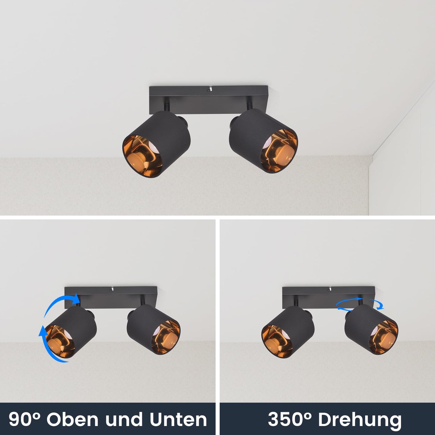 ZMH Deckenlampe 2 Flammig Deckenstrahler Schwarz - Deckenleuchte Vintage Deckenspot E14 Flurlampe Schwenkbar 350¡ã MAX.25W Stoffschrim f¨¹r Wohnzimmer Schlafzimmer K¨¹che Ohne Leuchtmittel