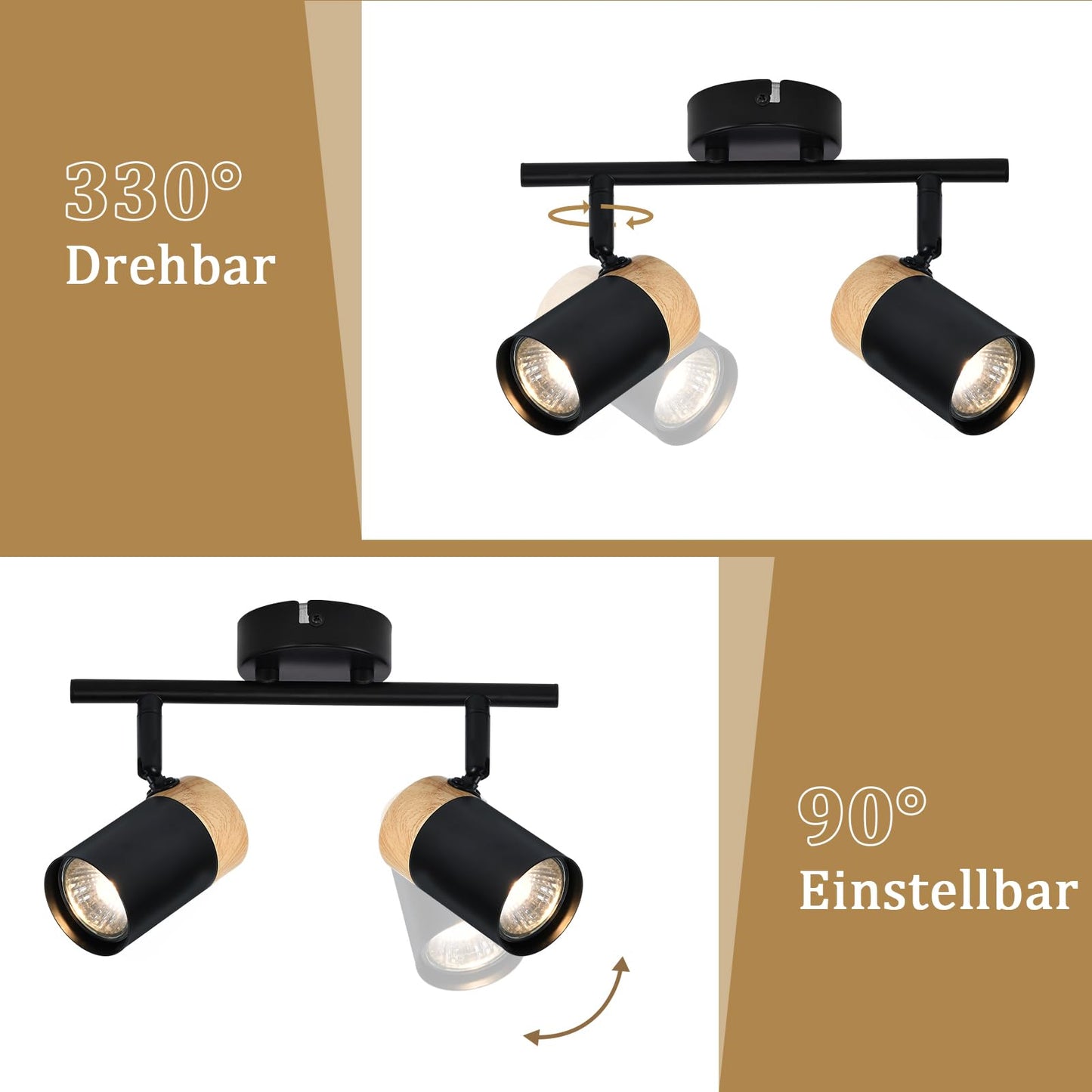 ZMH Deckenstrahler 2 Flammig Holz Deckenlampe - GU10 LED Deckenleuchte Schwarz Schwenkbar 330¡ã Spotlight f¨¹r Flur Garage Wohnzimmer Schlafzimmer K¨¹che Ohne Leuchtmittel
