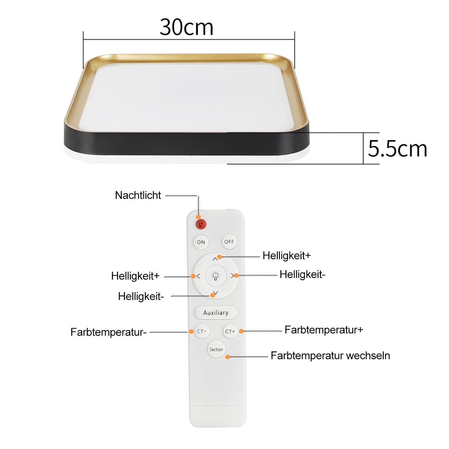 ZMH LED Deckenleuchte dimmbar Deckenlampe Wohnzimmer - 32W Flurlampe Modern Sternenhimmel Schlafzimmerlampe 30cm mit Fernbedienung Quadratisch K¨¹chenlampe in Schwarz Gold inkl. Memoryfunktion f¨¹r B¨¹ro