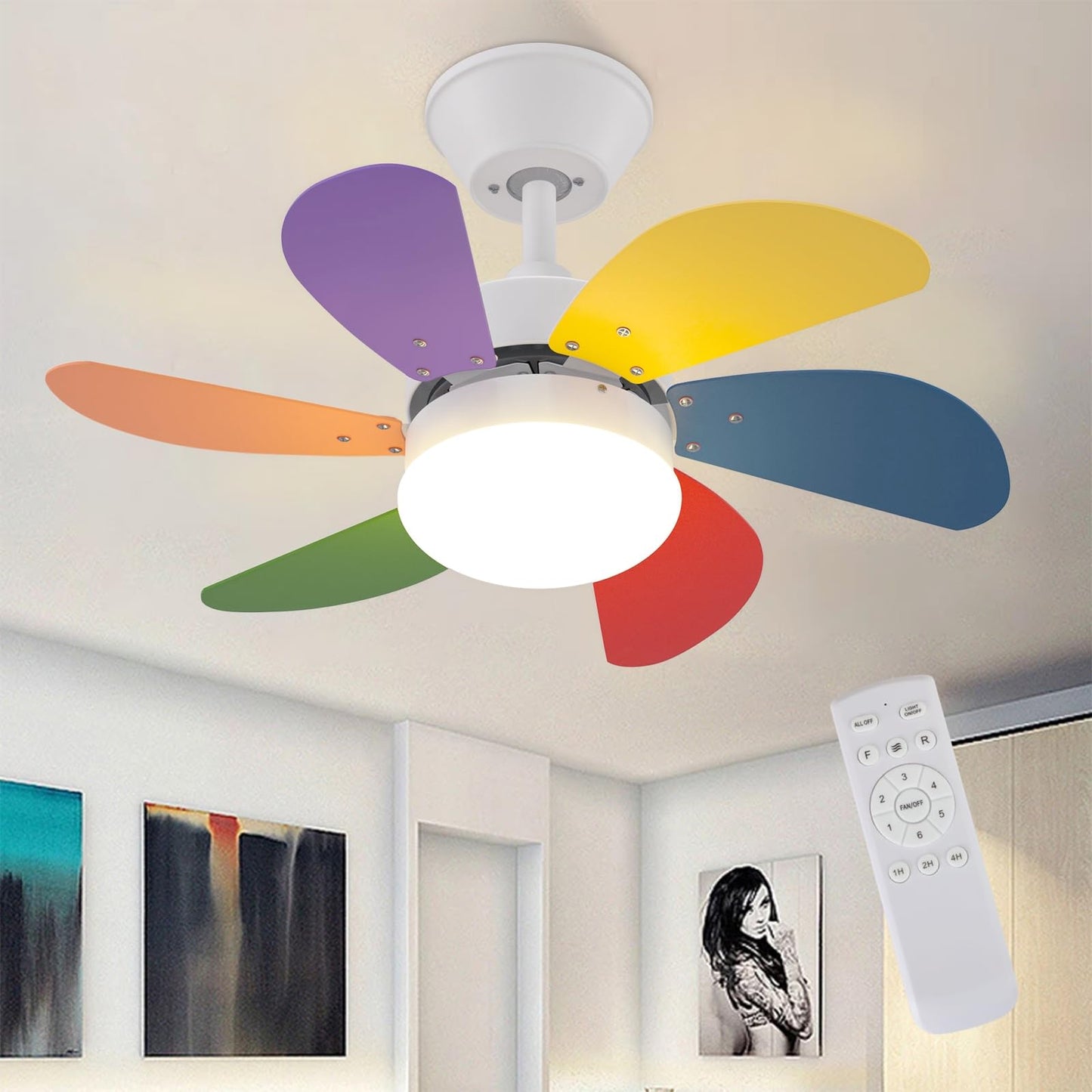 ZMH Deckenventilator Mit Beleuchtung und Fernbedienung Leise - Deckenlampe Wohnzimmer 6 Fl¨¹geln ?75 cm Ventilator Timing Deckenleuchte mit Einzelleuchte Fan Sommer-/Winter Schlafzimmer/Bunt