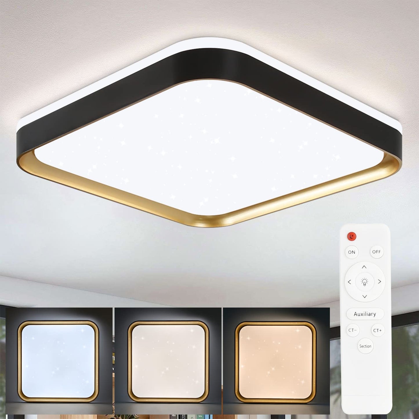 ZMH LED Deckenleuchte dimmbar Deckenlampe Wohnzimmer - 32W Flurlampe Modern Sternenhimmel Schlafzimmerlampe 30cm mit Fernbedienung Quadratisch K¨¹chenlampe in Schwarz Gold inkl. Memoryfunktion f¨¹r B¨¹ro