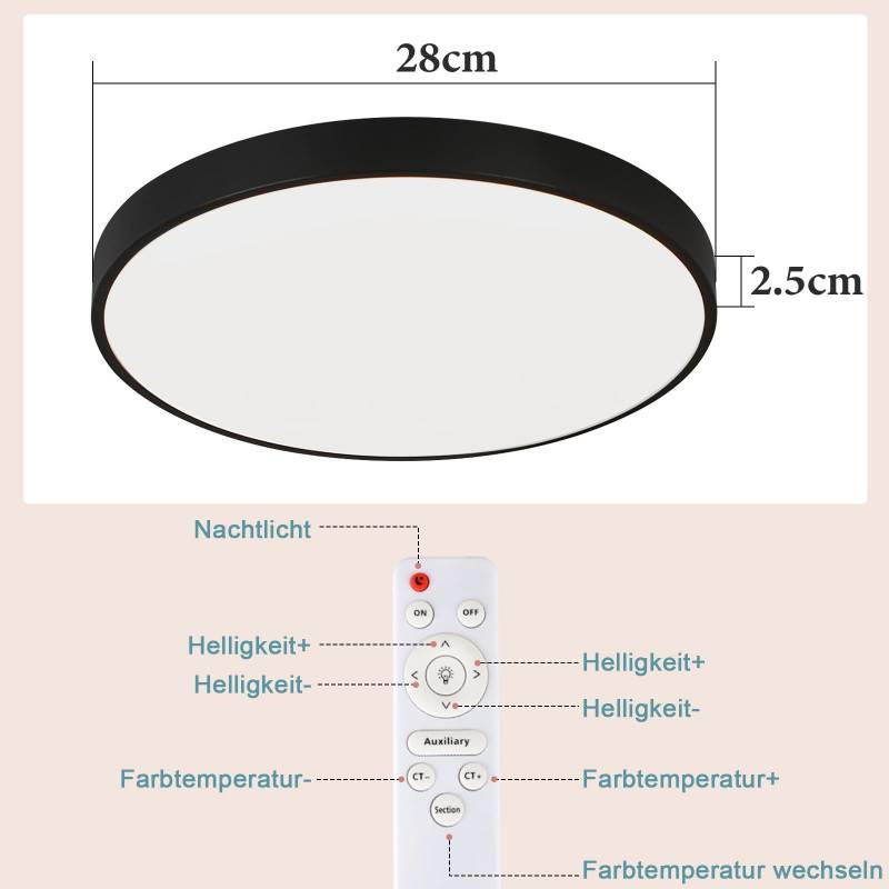 ZMH Deckenlampe LED Deckenleuchte Flach - Schlafzimmerlampe Dimmbar Schwarz K¨¹chenlampe Badlampe 30W IP44 Flurlampe Kellerlampe ?28cm Rund Badezimmerlampe Fernbedienung Wohnzimmer Schlafzimmer Bad