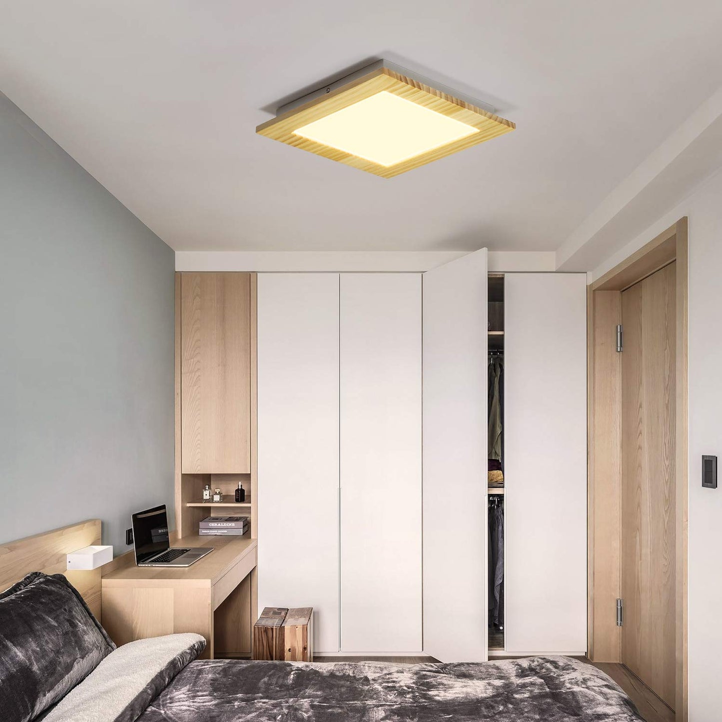 ZMH LED Deckenleuchte Wohnzimmer Deckenlampe Holz flach Schlafzimmer Panel Flur innen Beleuchtung eckig 3000K warmwei? 30cm 17W f¨¹r K¨¹che Kinderzimmer Esszimmer Treppen Balkon