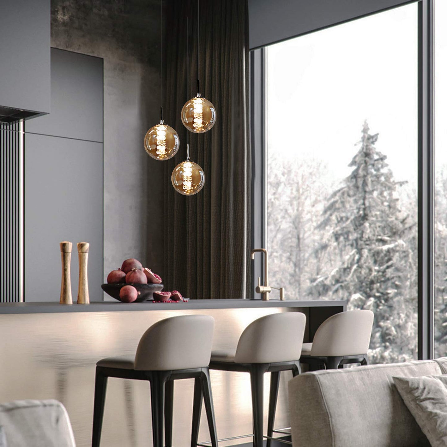 ZMH Pendelleuchte esstisch Pendellampe H?henverstellbar Kronleuchter H?ngeleuchte 3-Flammig aus Glas in Farbe Bernstein K¨¹chen Wohnzimmerlampe Schlafzimmerlampe Flurlampe
