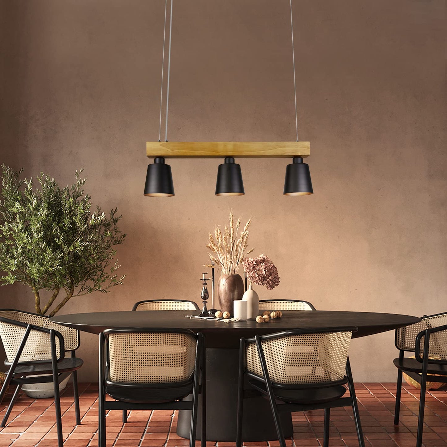 ZMH Pendelleuchte Esstisch Holz H?ngelampe 3 Flammig Warmwei? Vintage H?henverstellbar Esstischlampe H?ngend f¨¹r Esszimmer Wohnzimmer B¨¹ro Schlafzimmer K¨¹che boho - Schwarz - E27 MAX.25W 70x14x23CM