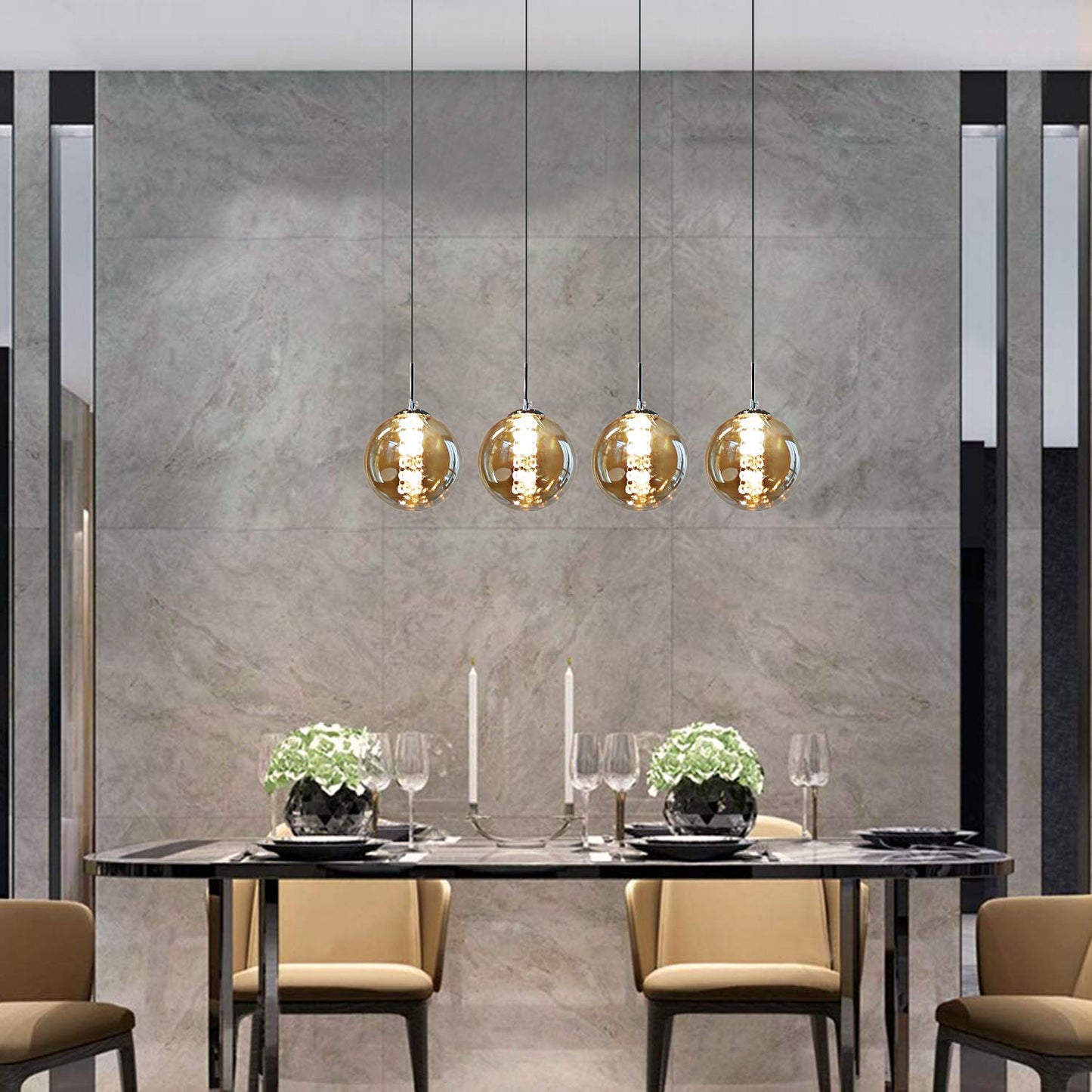 ZMH Pendelleuchte esstisch Pendellampe H?henverstellbar Esszimmerlampe 4-Flammig Esstischlampe aus Glas in Farbe Bernstein K¨¹chen Wohnzimmerlampe Schlafzimmerlampe Flurlampe