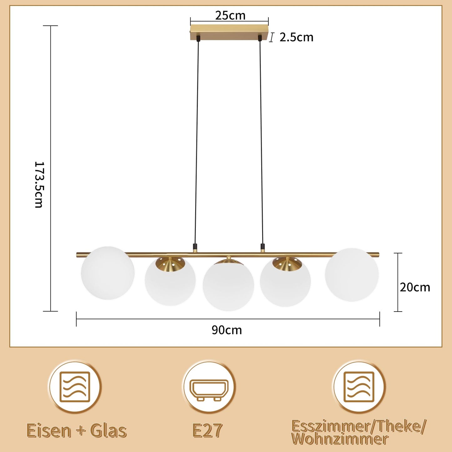 ZMH Pendelleuchte Esstisch H?ngeleuchte Modern - E27 Glas H?ngelampe Gold Esszimmerlampe 150CM H?henverstellbar Vintage Esstischlampe f¨¹r Esszimmer Wohnzimmer Bartheke I ohne Leuchtmittel