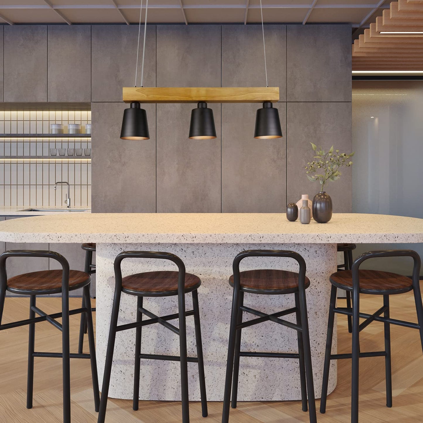 ZMH Pendelleuchte Esstisch Holz H?ngelampe 3 Flammig Warmwei? Vintage H?henverstellbar Esstischlampe H?ngend f¨¹r Esszimmer Wohnzimmer B¨¹ro Schlafzimmer K¨¹che boho - Schwarz - E27 MAX.25W 70x14x23CM