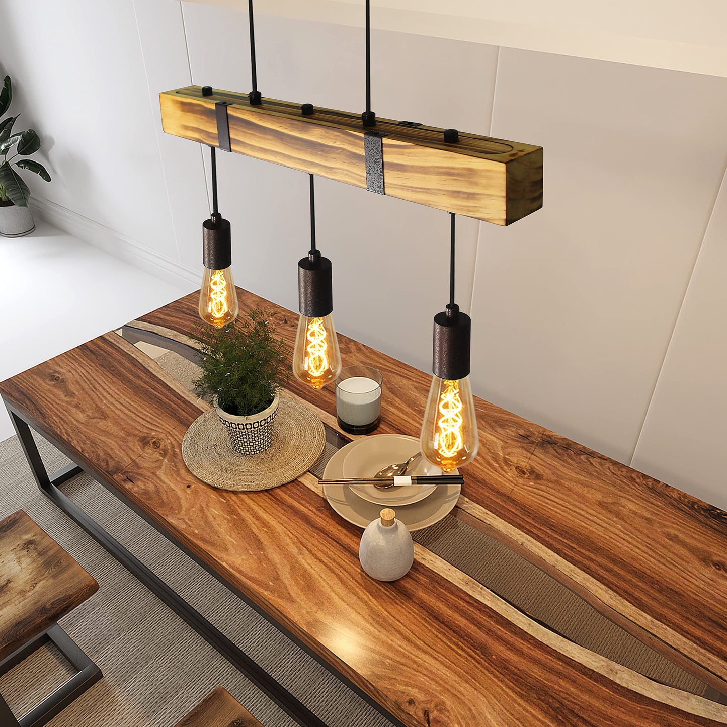 ZMH Pendelleuchte Esstisch aus Holz Vintage H?ngelampe Retro Esszimmerlampe in 61CM Holzbalken - 3 x E27 max. 25W - H?henverstellbar Industrial Pendellampe f¨¹r Restaurant Bar Esszimmer Wohnzimmer