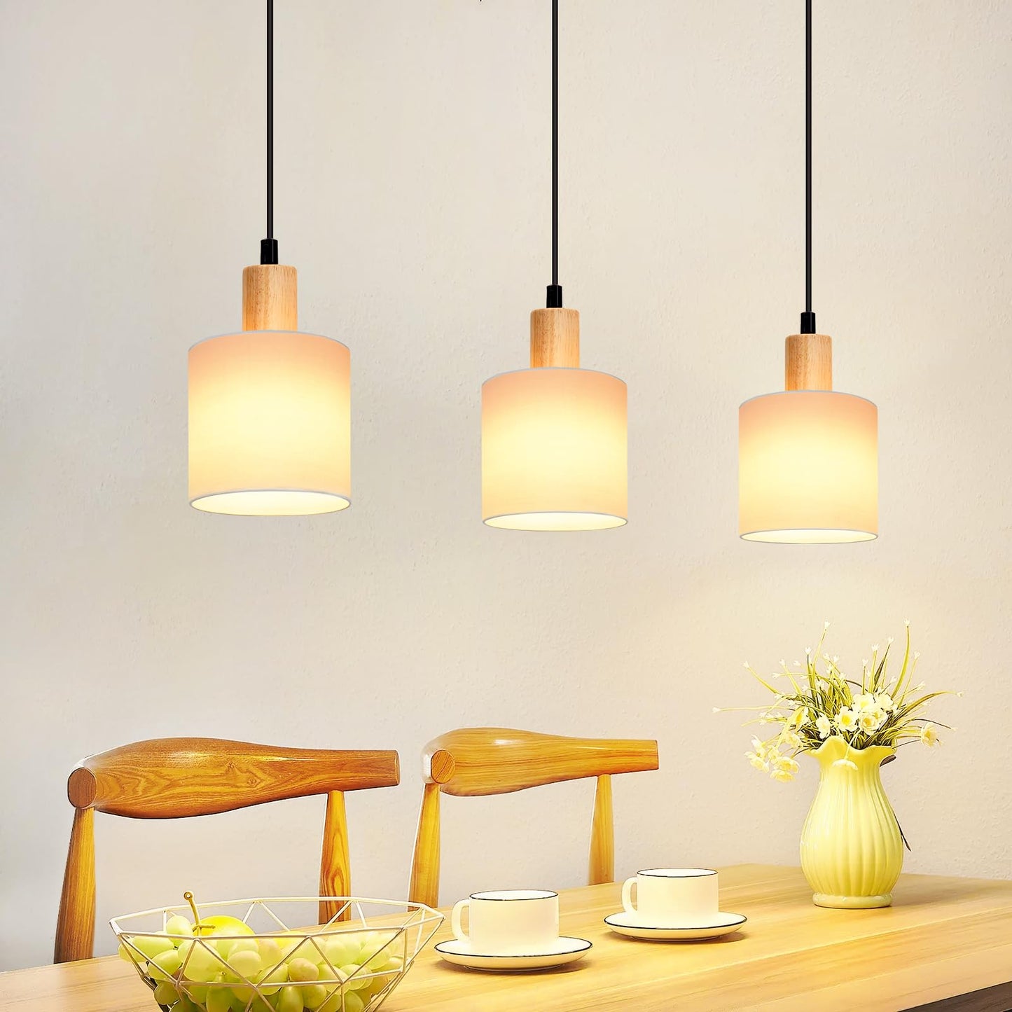 ZMH Pendelleuchte Esstisch H?ngelampe Holz - Esszimmerlampe Vintage E14 H?ngeleuchte Wei? Esstischlampe Rustikal h?ngend Pendellampe Stoffschirm f¨¹r Restaurant K¨¹che Wohnzimmer Arbeitszimmer