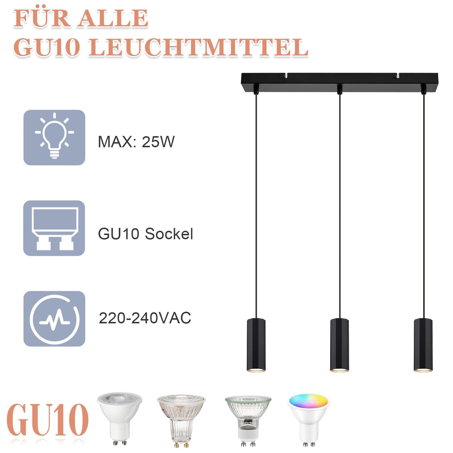 ZMH H?ngelampe 3 Flammig Esstisch Schwarz - Pendelleuchte GU10 Wohnzimmer Modern Industrial Esszimmerlampe H?ngend Metall H?ngeleuchte f¨¹r Innen K¨¹che Schlafzimmer Esszimmer