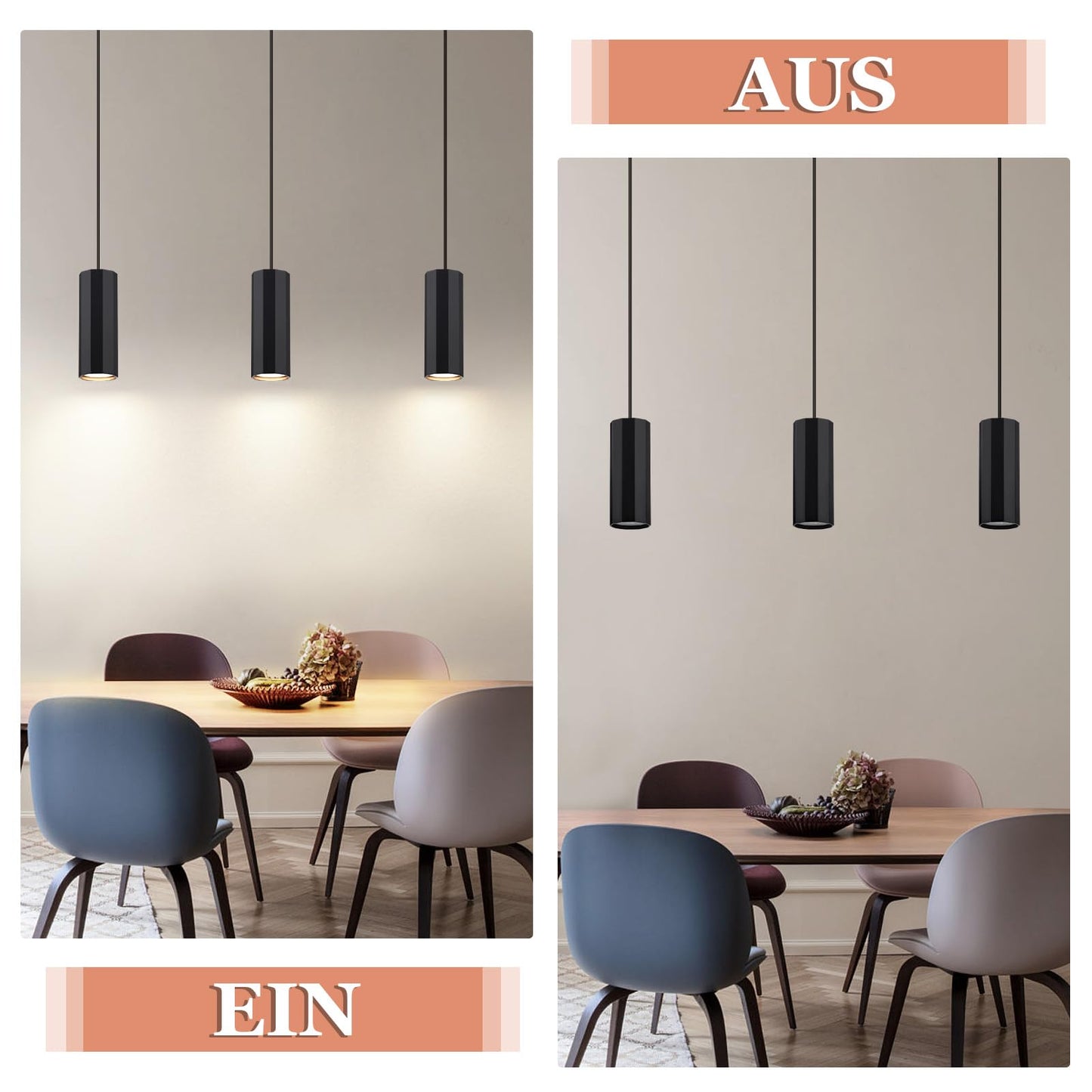 ZMH H?ngelampe 3 Flammig Esstisch Schwarz - Pendelleuchte GU10 Wohnzimmer Modern Industrial Esszimmerlampe H?ngend Metall H?ngeleuchte f¨¹r Innen K¨¹che Schlafzimmer Esszimmer