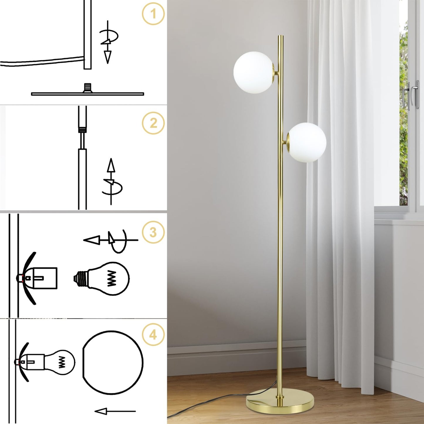 ZMH Stehlampe Wohnzimmer Modern Stehleuchte - Gold Design Standleuchte E27 Fassung Standlampe mit Fu?schalter Bettlampe Glas-Lampenschirm Leselampe f¨¹r Schlafzimmer-166cm(Leuchtmittel nicht inkl.)