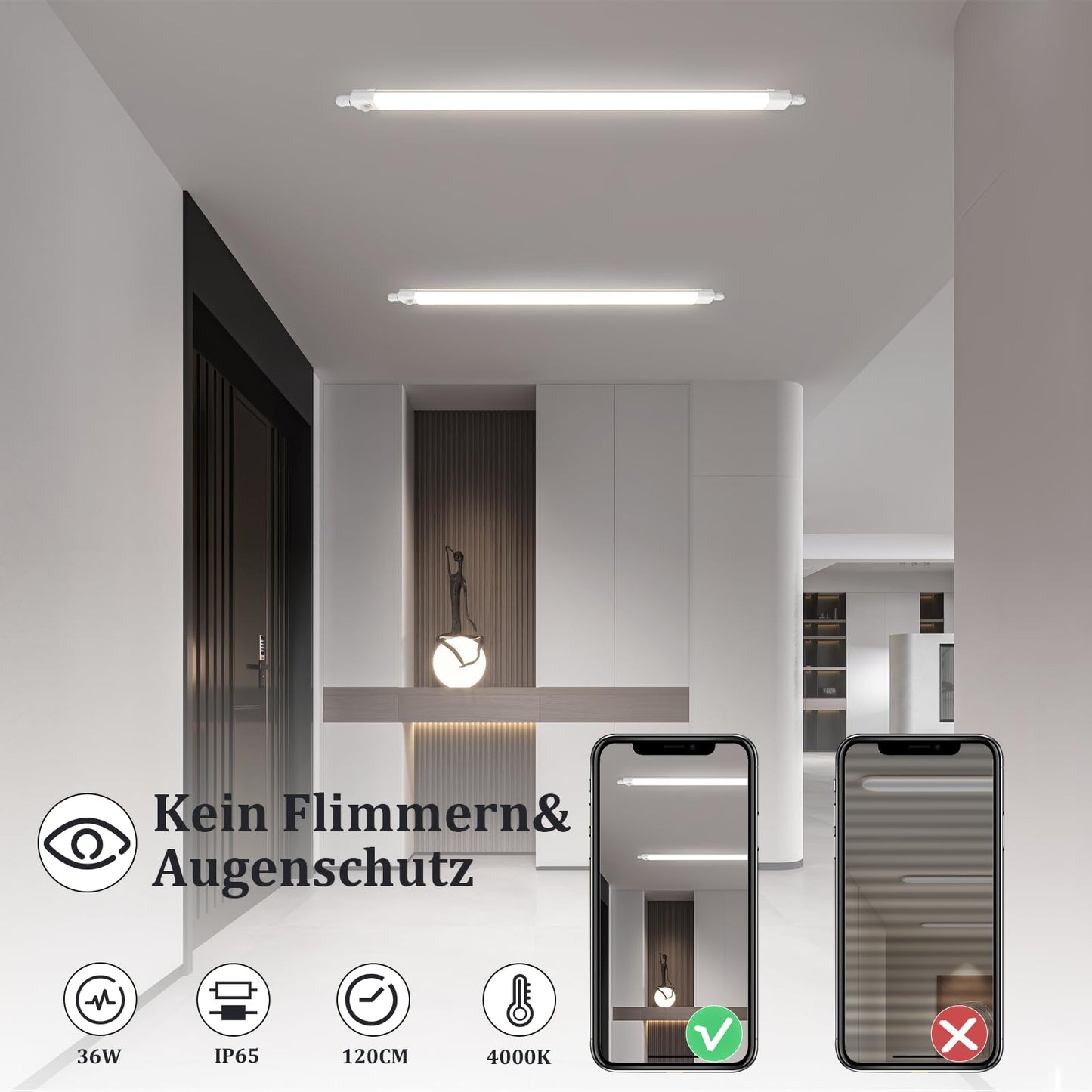 ZMH LED Feuchtraumleuchte 120CM mit Bewegungsmelder Deckenlampe - 36W Werkstattlampe IP65 Wasserfest Kellerlampe Neutralwei? 4000K Leuchtstoffr?hre f¨¹r Garage Werkstatt K¨¹che Warenhaus Bad B¨¹ro