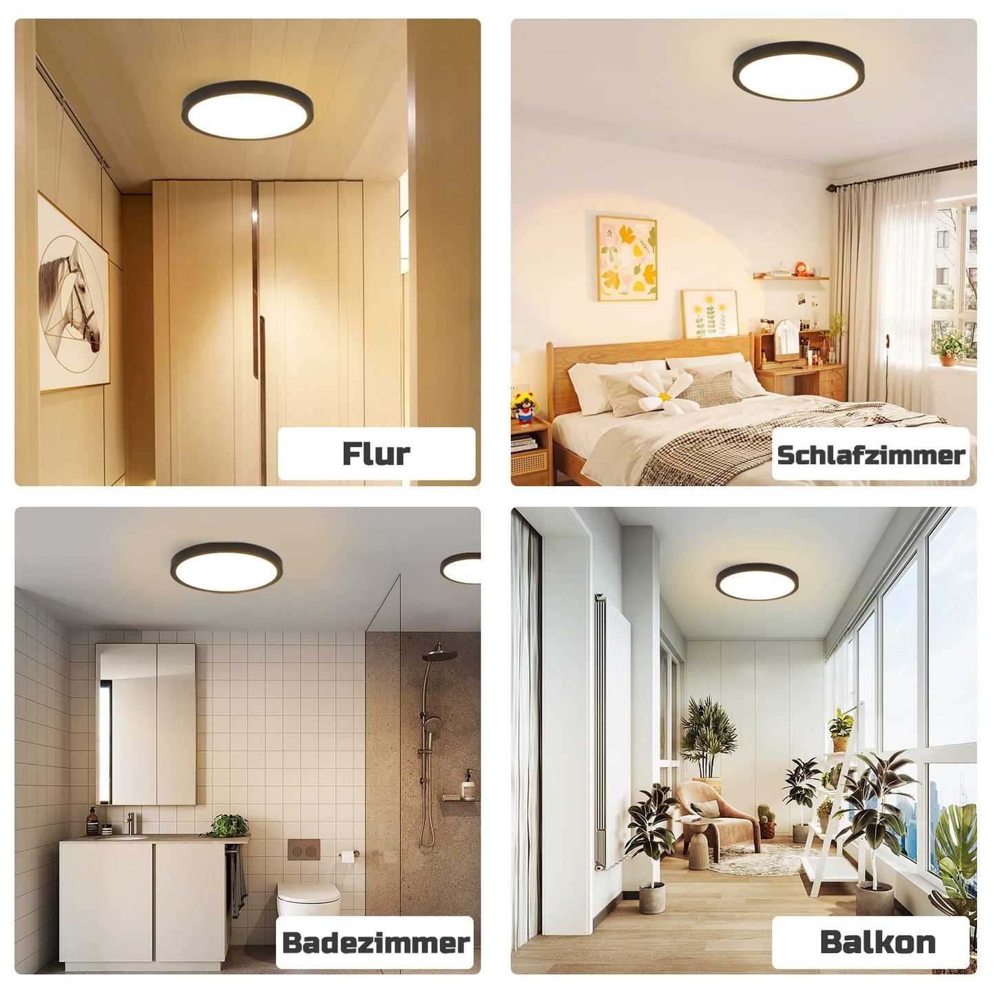 ZMH Deckenlampe LED Deckenleuchte Flach - Schlafzimmerlampe ?22cm Badezimmerlampe Schwarz 15W Schlafzimmer Deckenbeleuchtung Badlampe IP44 K¨¹chenlampe Rund Flurlampe Warmwei? f¨¹r Badezimmer K¨¹che Flur