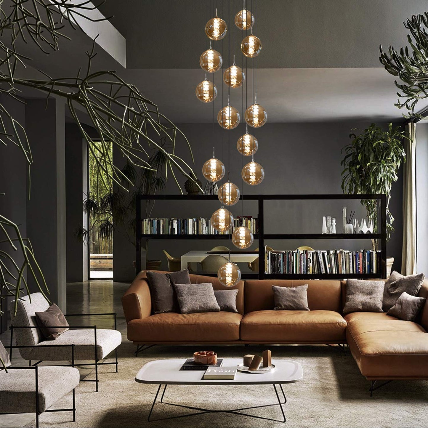 ZMH Pendelleuchte esstisch Pendellampe Modern - Treppenhaus H?heverstellbar H?ngeleuchte Kronleuchter 15-Flammig aus Glas K¨¹chen Flurlampe f¨¹r Wohzimmer (Bernstein, 15-flammig)