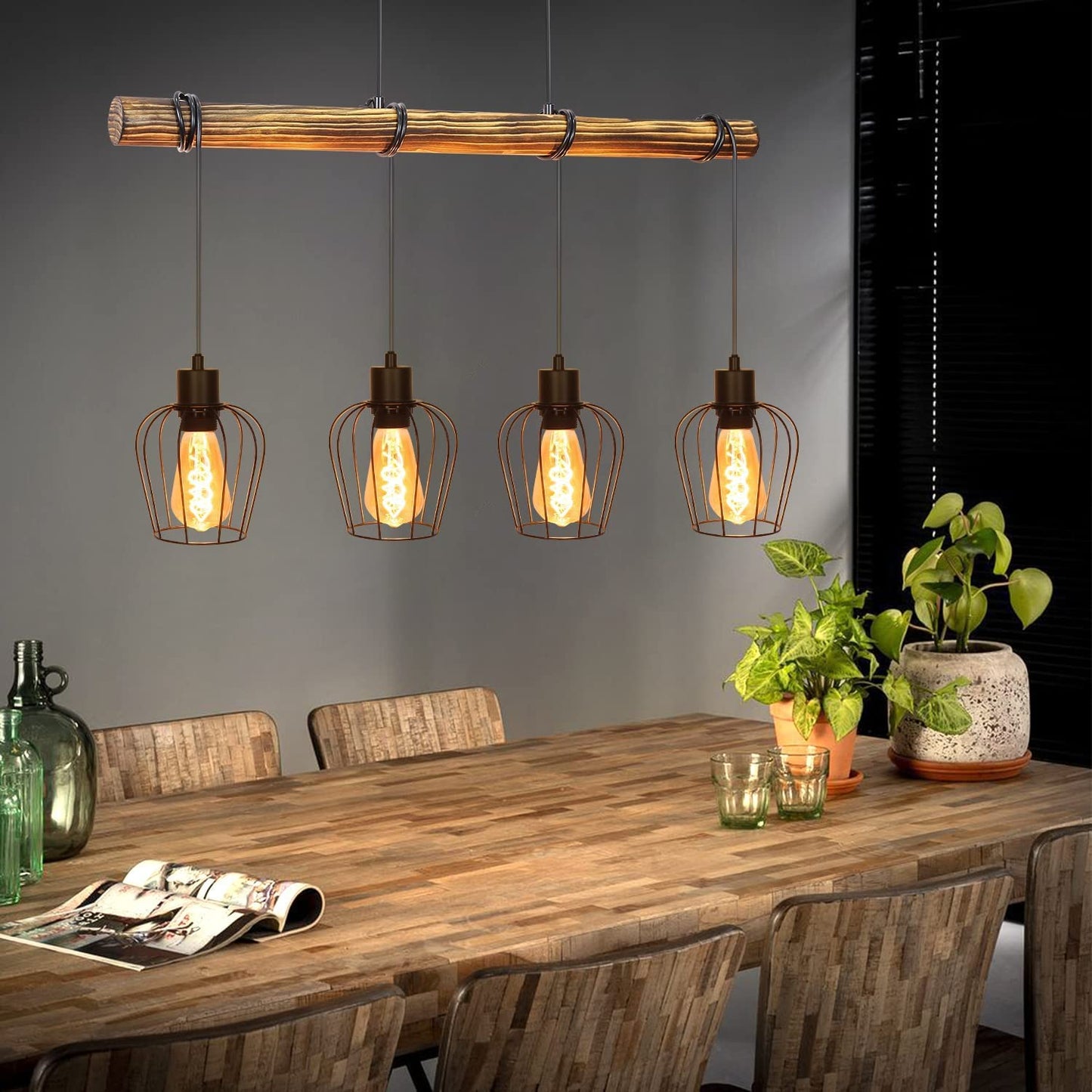 ZMH Retro Pendelleuchte Vintage H?ngelampe 4 flammige Holz Esszimmerlampe Pendellampe Wohnzimmer im Industrial Design mit h?henverstellbaren Strahlern - Schwar - Fassung: E27 - ohne Leuchtmittel