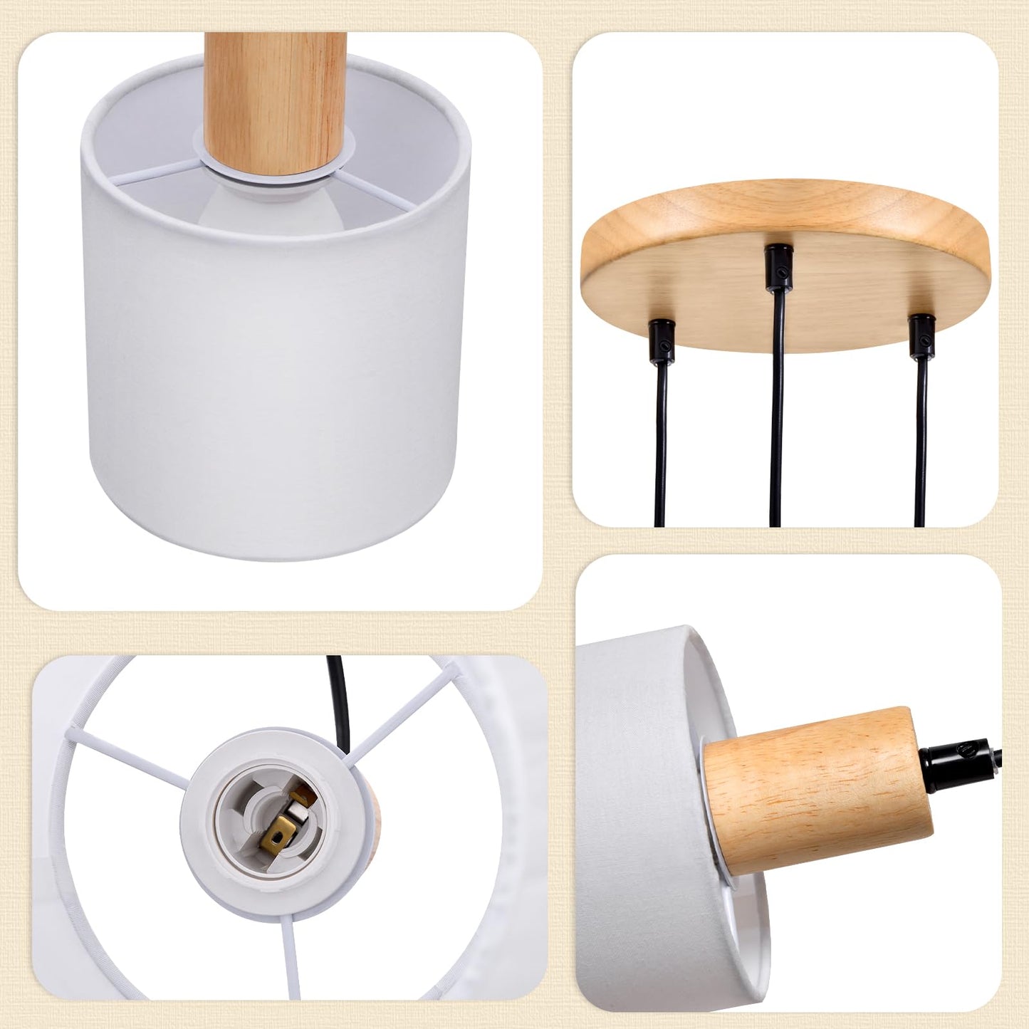 ZMH Pendelleuchte Holz Esstischlampe Vintage - H?ngelampe Esstisch E14 H?ngeleuchte Wei? Pendellampe 3 Flammig Rund Esstischlampe f¨¹r Esszimmer Restaurant K¨¹che Schlafzimmer Arbeitszimmer
