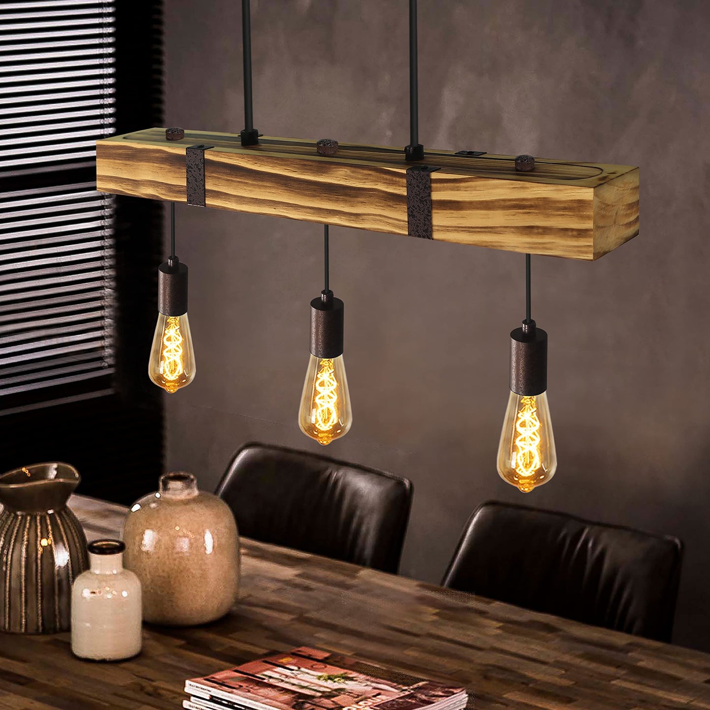 ZMH Pendelleuchte Esstisch aus Holz Vintage H?ngelampe Retro Esszimmerlampe in 61CM Holzbalken - 3 x E27 max. 25W - H?henverstellbar Industrial Pendellampe f¨¹r Restaurant Bar Esszimmer Wohnzimmer