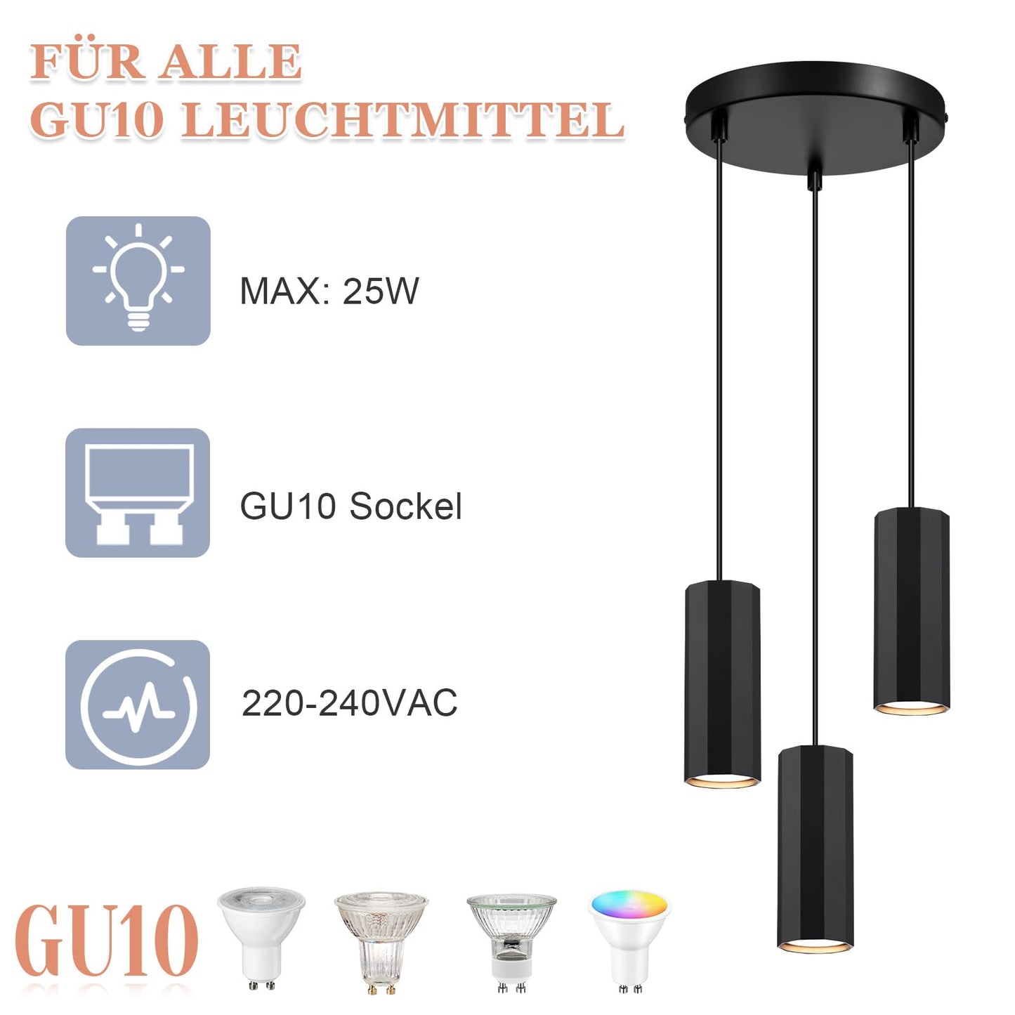 ZMH H?ngeleuchte Esstisch Schwarz 3 Flammig - H?ngelampe GU10 Wohnzimmer Pendelleuchte Modern Esszimmerlampe H?ngend Metall Industrial f¨¹r Innen K¨¹che Schlafzimmer