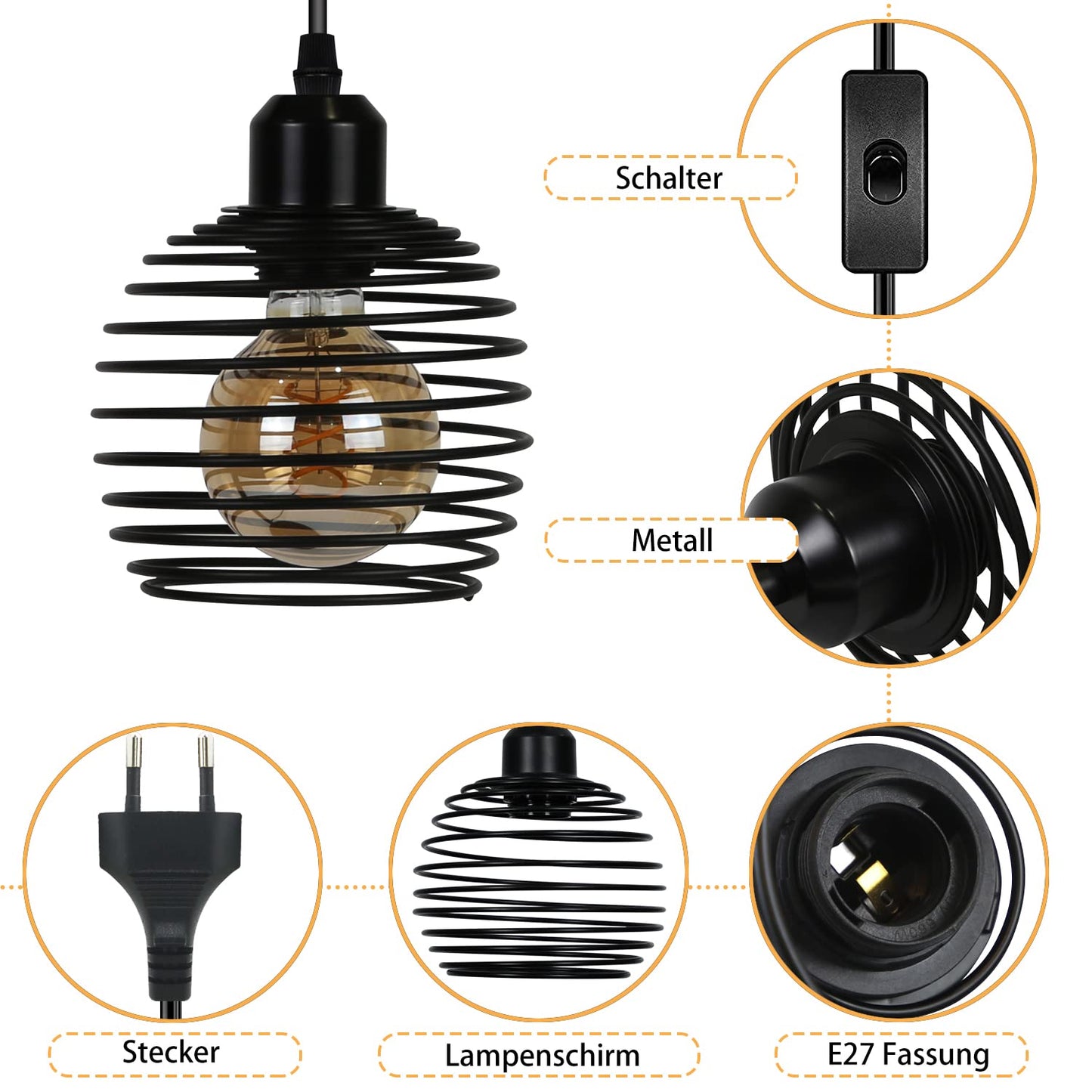 ZMH Pendelleuchte Vintage H?ngelampe Industrial - Schwarz 1.5M Pendellampe Esstisch mit Schalter Stecker E27 Retro Lampenfassung 1fla. Max.60W H?ngeleuchte f¨¹r Schlafzimmer Wohnzimmer K¨¹che Restaurant