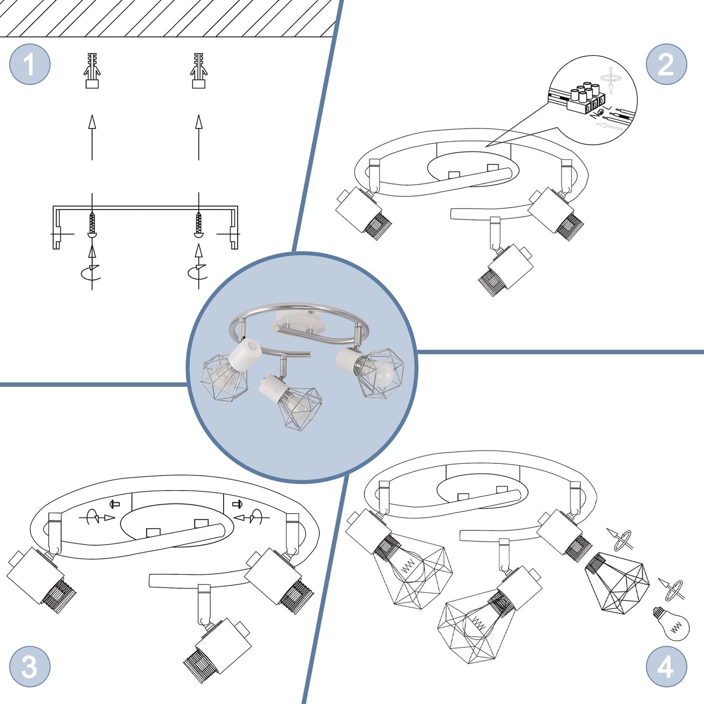 ZMH Deckenstrahler 3 Flammig Rund - Deckenleuchte Deckenlampe Industrial Retro E14 Schwenkbar Wei? Metall Innen f¨¹r Wohnzimmer Schlafzimmer Arbeitszimmer Flur K¨¹che, Keine Leuchtmittel