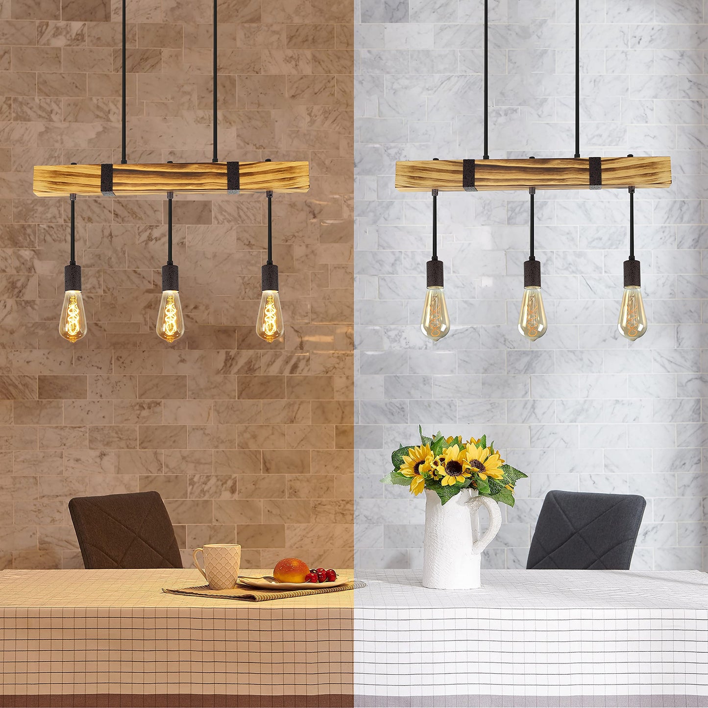 ZMH Pendelleuchte Esstisch aus Holz Vintage H?ngelampe Retro Esszimmerlampe in 61CM Holzbalken - 3 x E27 max. 25W - H?henverstellbar Industrial Pendellampe f¨¹r Restaurant Bar Esszimmer Wohnzimmer