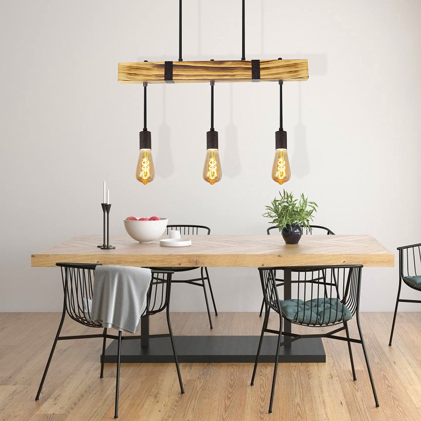 ZMH Pendelleuchte Esstisch aus Holz Vintage H?ngelampe Retro Esszimmerlampe in 61CM Holzbalken - 3 x E27 max. 25W - H?henverstellbar Industrial Pendellampe f¨¹r Restaurant Bar Esszimmer Wohnzimmer