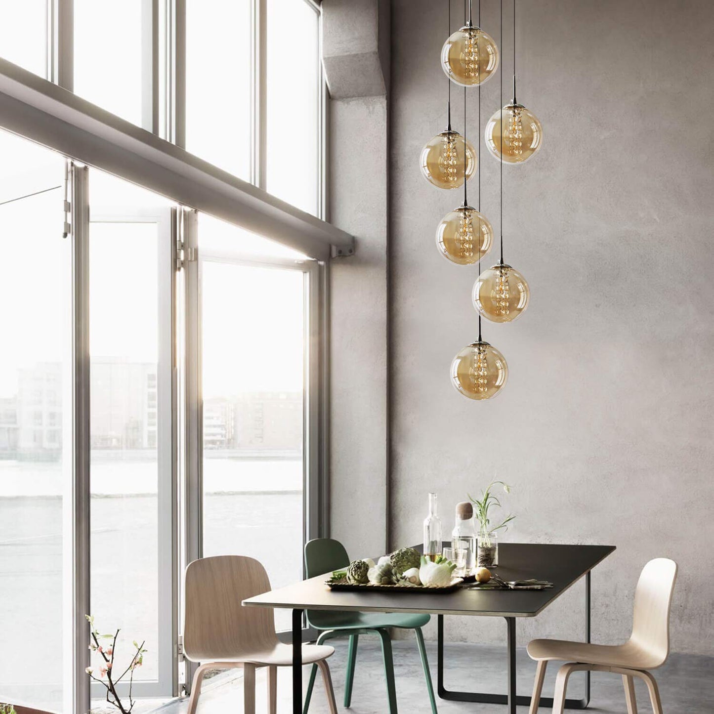 ZMH Pendelleuchte esstisch Pendellampe H?henverstellbar kugel H?ngeleuchte 6-Flammig aus Glas in Farbe Bernstein K¨¹chen Wohnzimmerlampe Schlafzimmerlampe Flurlampe