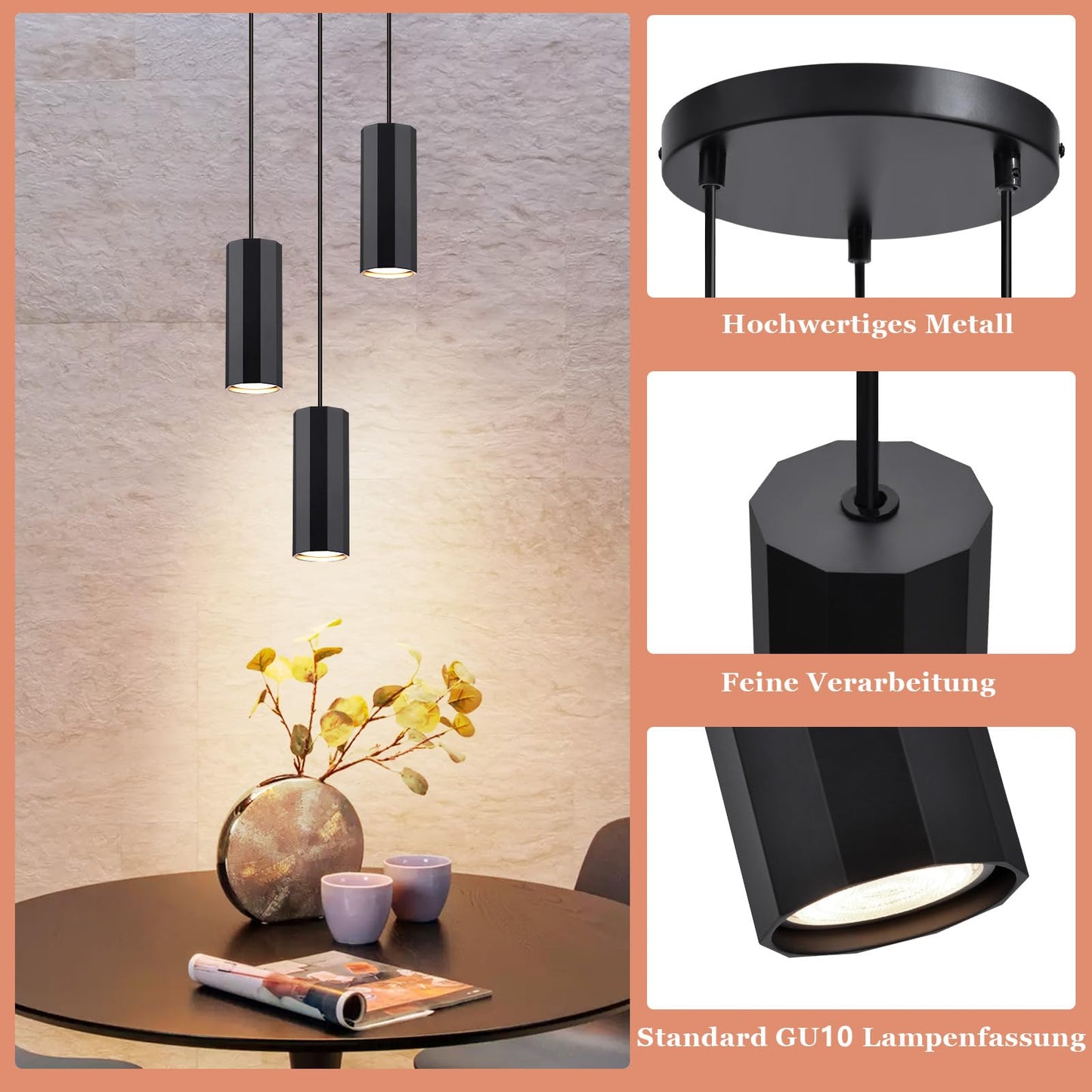ZMH H?ngeleuchte Esstisch Schwarz 3 Flammig - H?ngelampe GU10 Wohnzimmer Pendelleuchte Modern Esszimmerlampe H?ngend Metall Industrial f¨¹r Innen K¨¹che Schlafzimmer