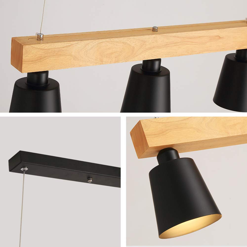 ZMH Pendelleuchte Esstisch Holz H?ngelampe 3 Flammig Warmwei? Vintage H?henverstellbar Esstischlampe H?ngend f¨¹r Esszimmer Wohnzimmer B¨¹ro Schlafzimmer K¨¹che boho - Schwarz - E27 MAX.25W 70x14x23CM