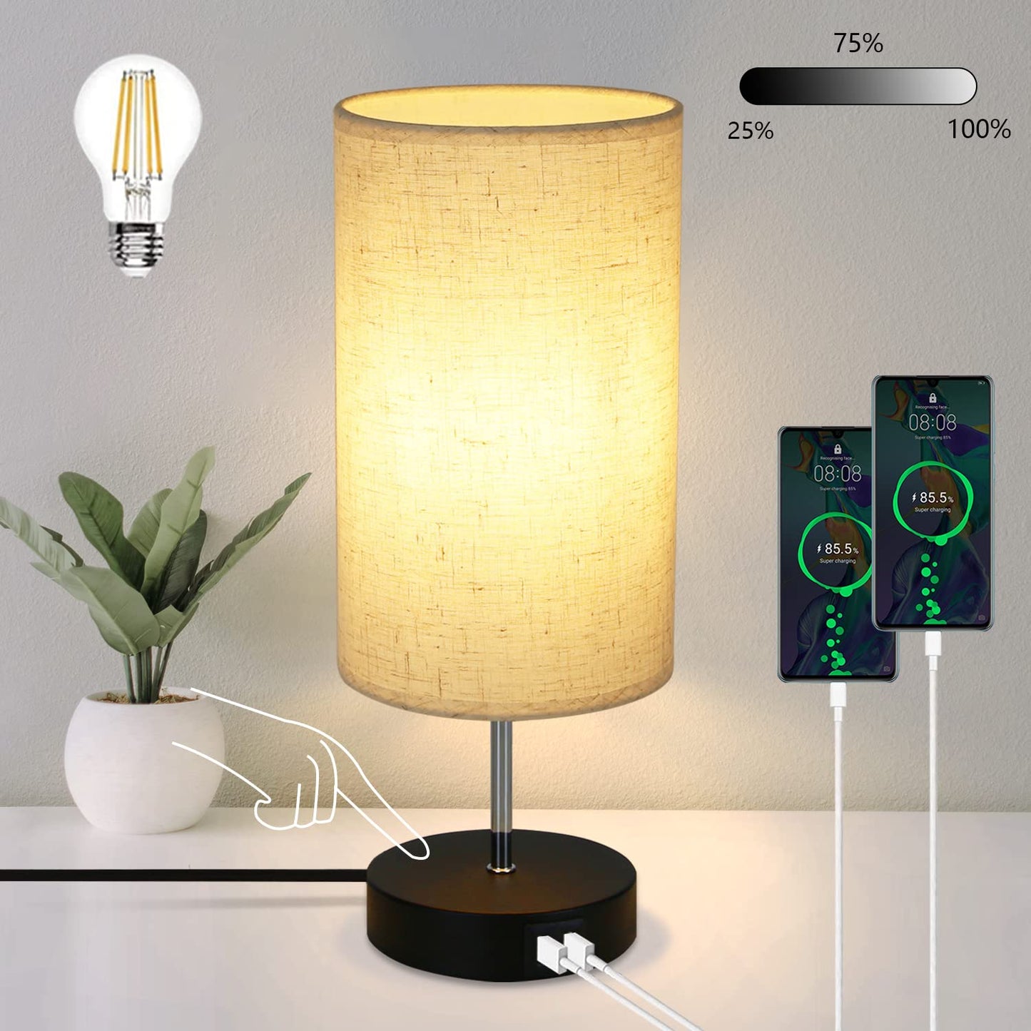 ZMH Nachttischlampe Touch Dimmbar Tischlampe Wohnzimmer - Ladefunktion Nachttischleuchte Schwarz Vintage Tischleuchte Aufladbar USB Nachtlicht Modern E27 Stoff Bettlampe f¨¹r Schlafzimmer B¨¹ro
