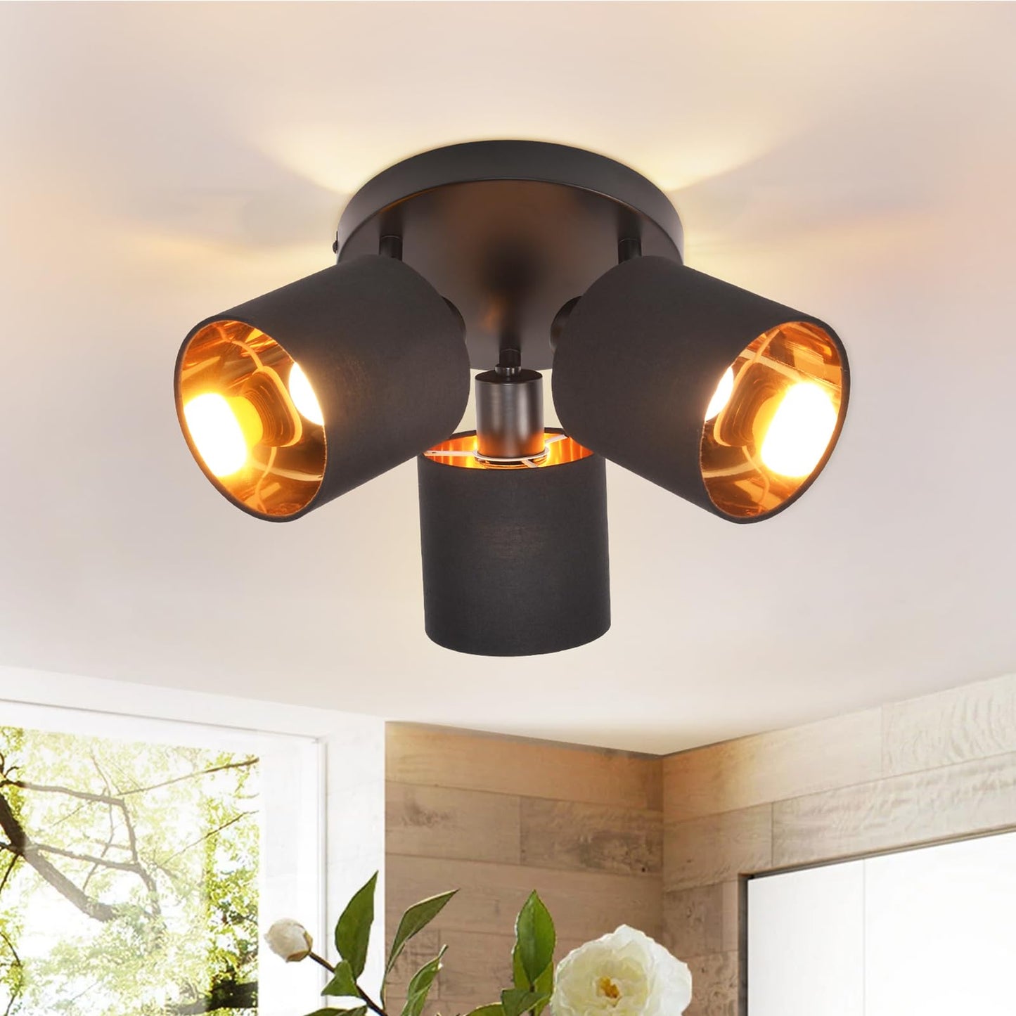 ZMH Deckenleuchte 3 Flammig Deckenstrahler Schwarz - Deckenlampe Vintage Deckenspot E14 Schwenkbar 350¡ã MAX.25W Stoffschrim Modern f¨¹r Wohnzimmer Schlafzimmer K¨¹che Flur (ohne Leuchtmittel)