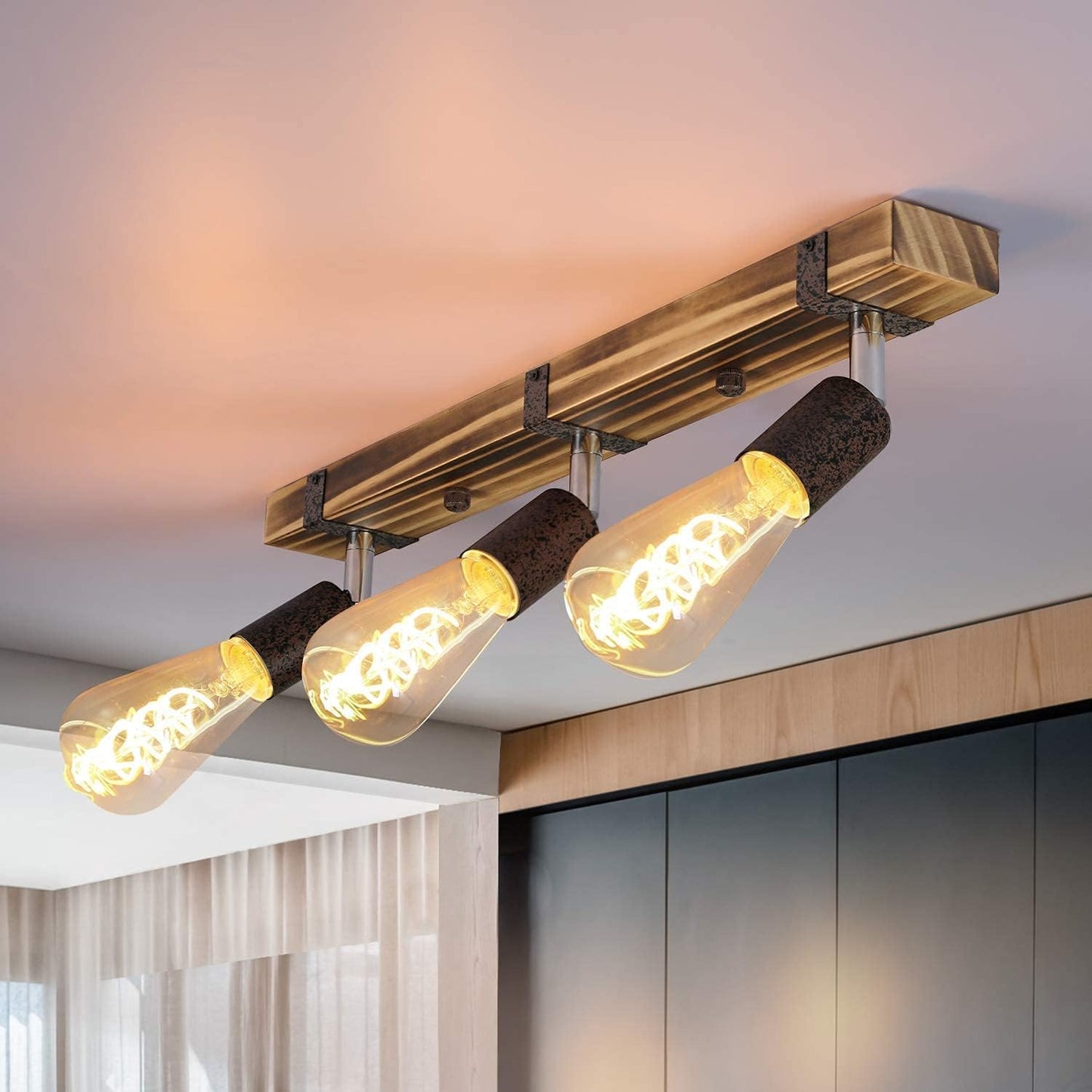 ZMH Vintage Deckenleuchte Holz Deckenspots Retro Deckenstrahler 55CM mit verstellbaren Strahlern, 3xE27 Warmwei?, Schwenkbar Deckenlampe f¨¹r Flur K¨¹che Esszimmer Wohnzimmer Bar, 3x E27 4W 2200K