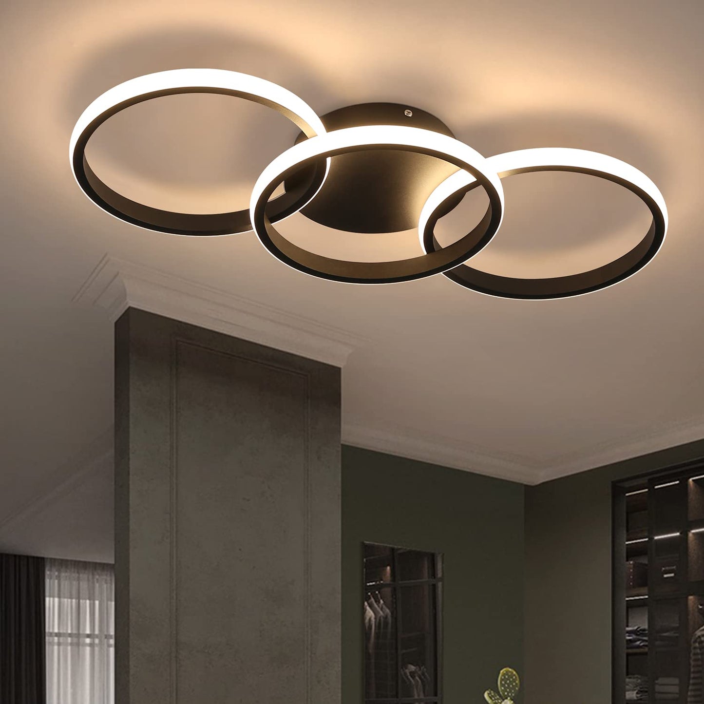 ZMH Deckenlampe Schwarz LED Deckenleuchte Wohnzimmer - Deckenlampe Flur Modern Design mit 3 Metall Ringe 3000K Warmwei?e K¨¹chenlampe - 36W Schlafzimmerlampe Wohnzimmerlampe