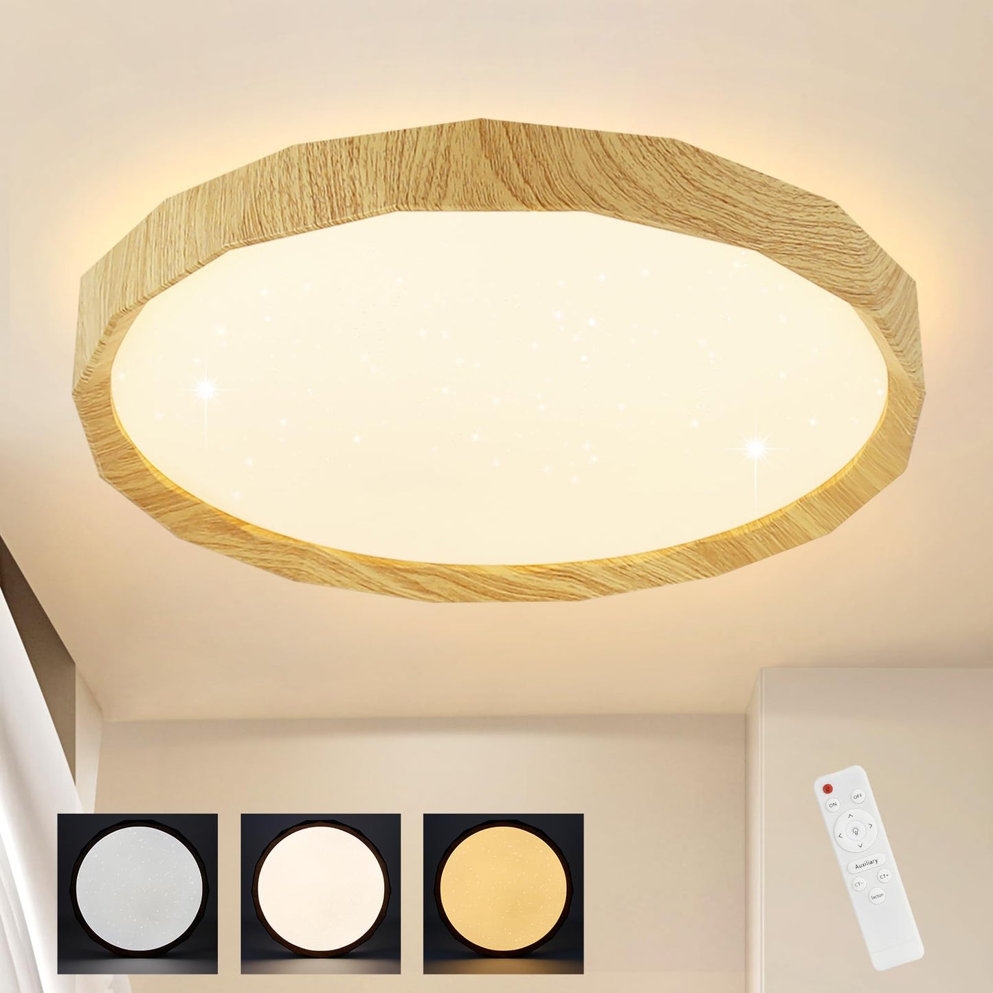 ZMH Deckenlampe LED Deckenleuchte Wohnzimmer - Wohnzimmerlampe Holzoptik ?40cm Schlafzimmer Deckenbeleuchtung 43W Schlafzimmerlampe Dimmbar mit Fernbedienung K¨¹chenlampe Boho Flurlampe f¨¹r K¨¹che Flur