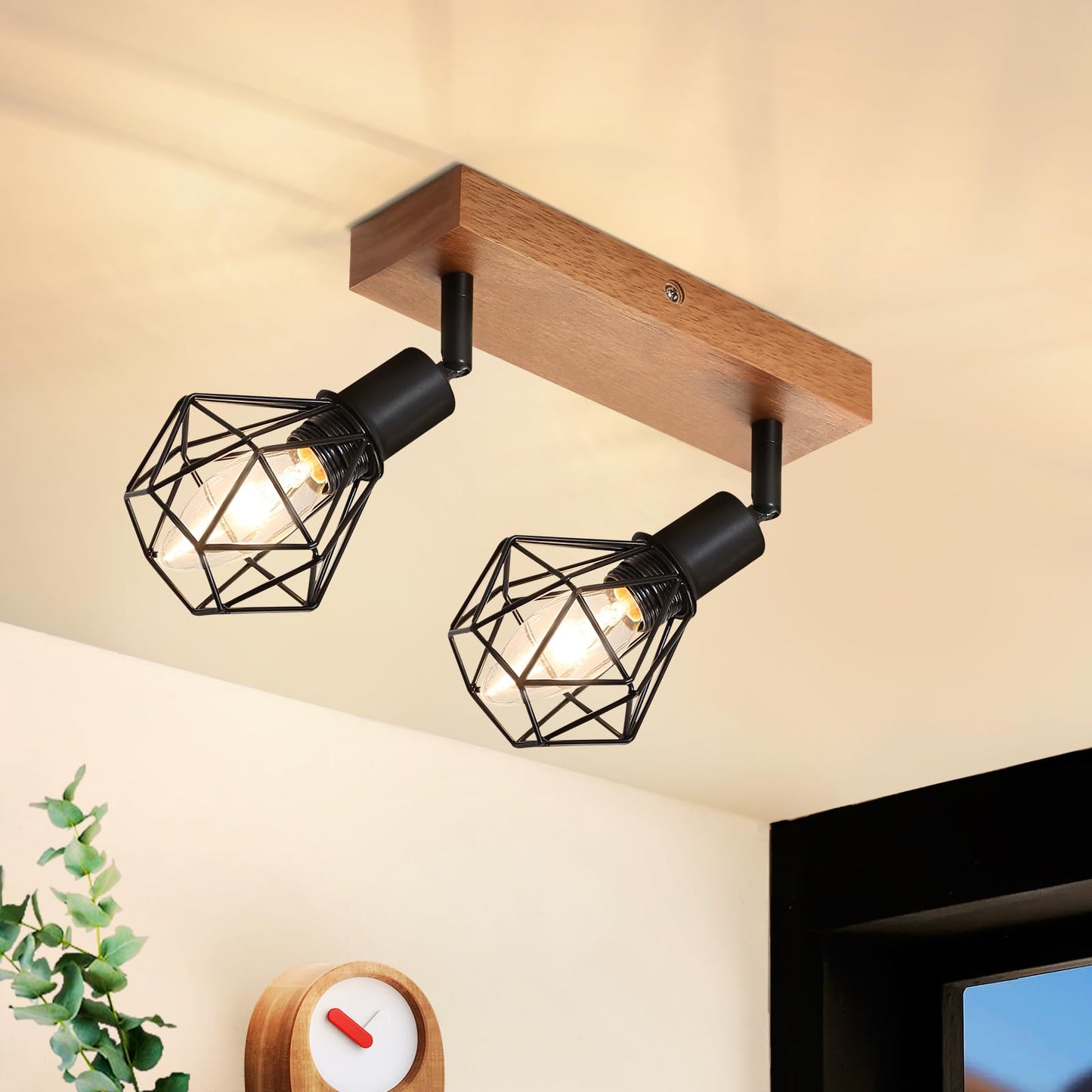 ZMH Deckenstrahler 2 Flammig Schwarz Vintage - Holz Denckenspots E14 Metall Deckenlampe Schwenkbar 350¡ã Deckenleuchte f¨¹r K¨¹che Wohnzimmer Schlafzimmer Esszimmer MAX.25W Ohne Leuchtmittel