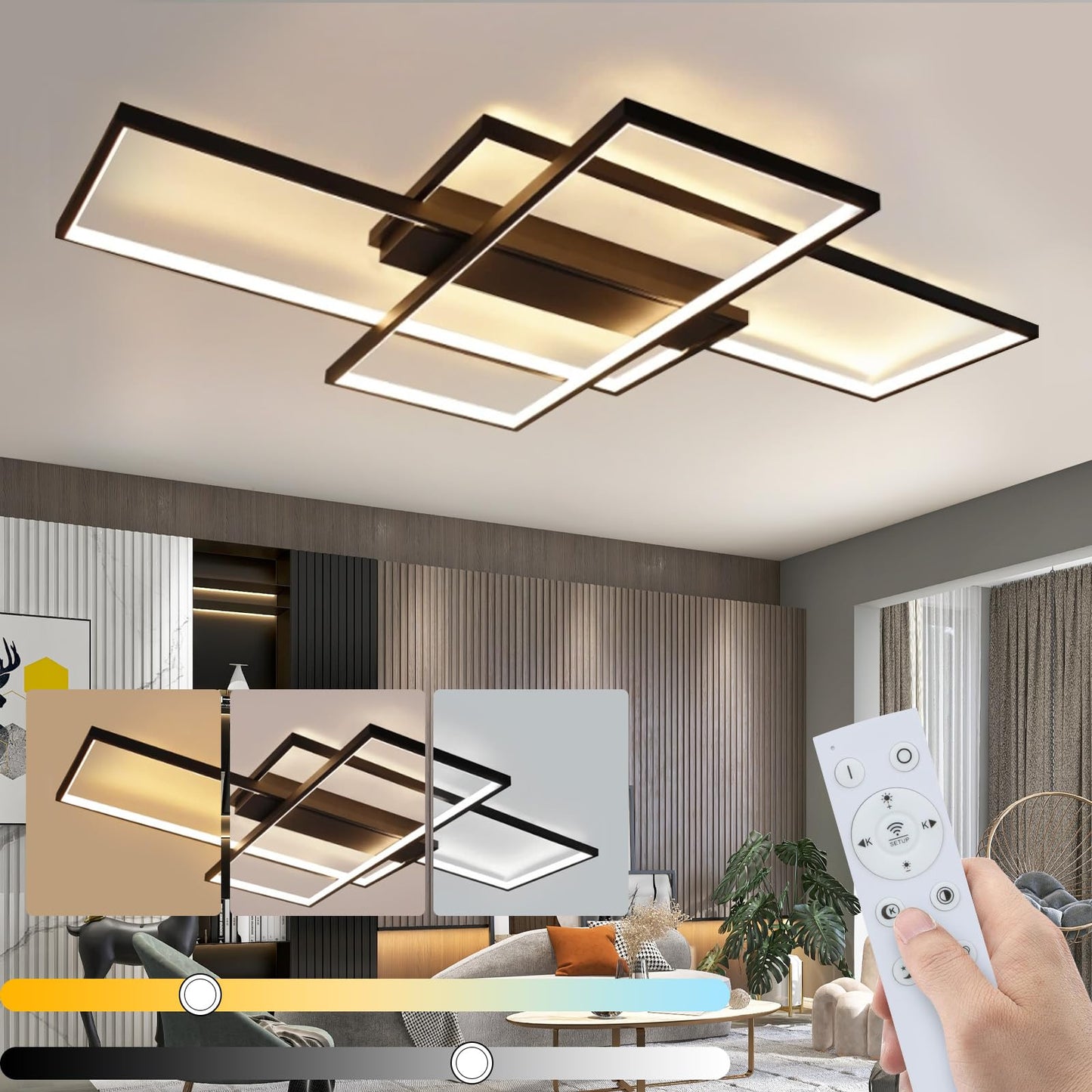 ZMH LED Deckenlampe Wohnzimmer Deckenleuchte - 100cm Dimmbar Wohnzimmerlampe Modern Schwarz Schlafzimmerlampe 88W Geometrisch Multifunktional Deckenbeleuchtung f¨¹r Schlafzimmer Flur B¨¹ro und Balkon