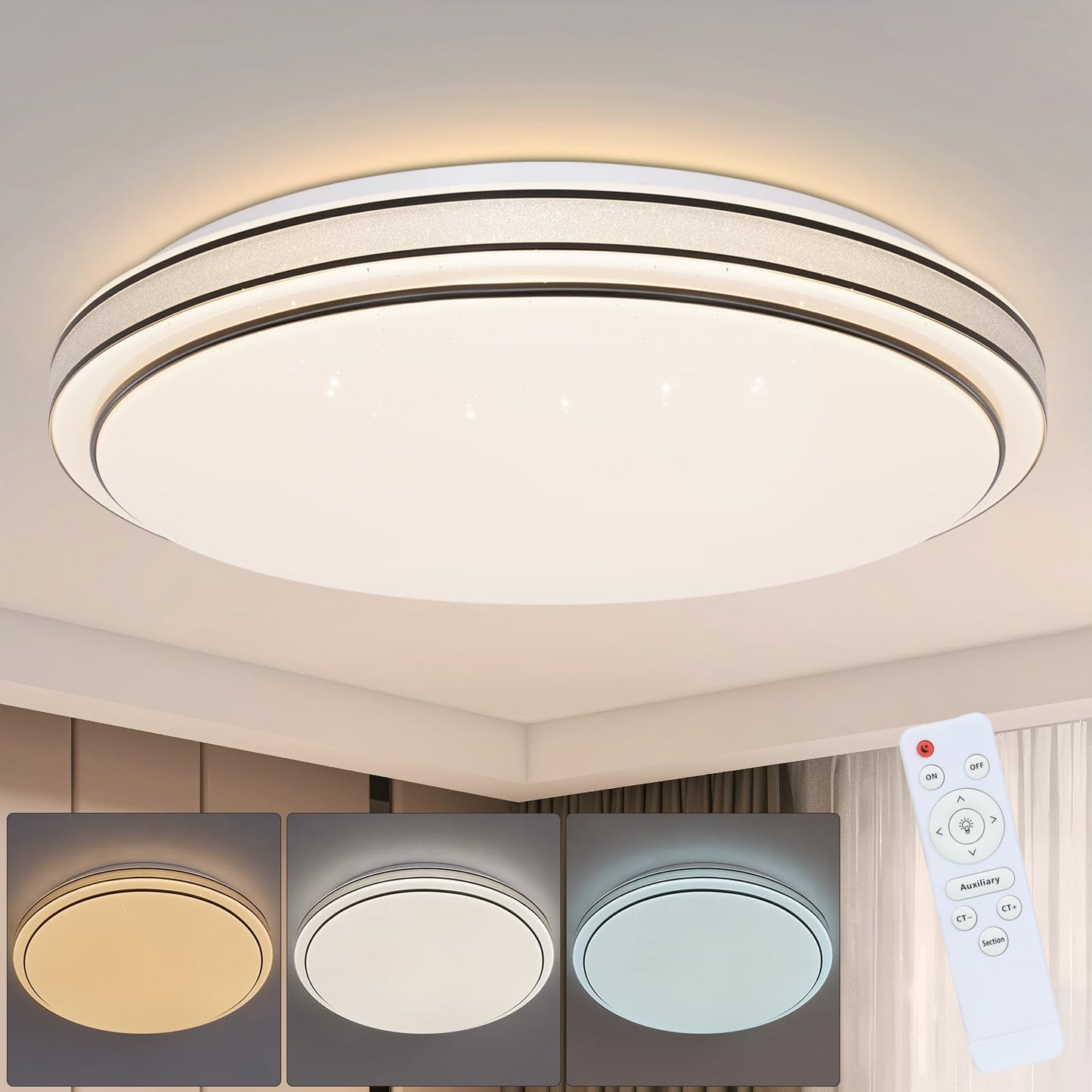 ZMH Deckenlampe LED Deckenleuchte Schlafzimmer - 23W Schlafzimmerlampe Dimmbar mit Fernbedienung ?27cm K¨¹chenlampe Sternenhimmel Modern K¨¹che Deckenbeleuchtung Rund f¨¹r Wohnzimmer Flur