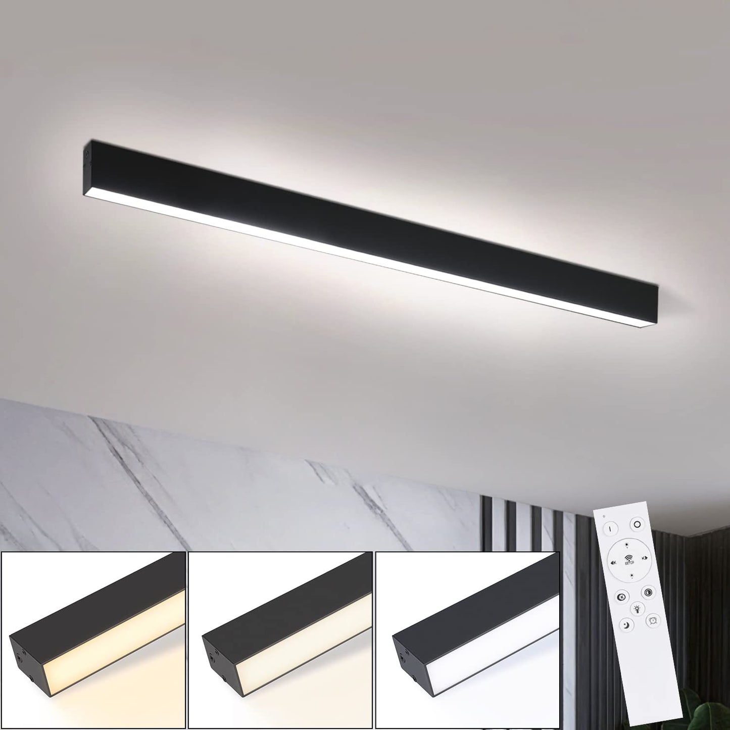 ZMH Deckenlampe LED Deckenleuchte Dimmbar - 25W Wohnzimmer Schwarz Modern B¨¹ro Deckenbeleuchtung 80CM Lang Wohnzimmerlampe Panel mit Fernbedienung B¨¹rolampe Decke f¨¹r K¨¹che Flur Schlafzimmer