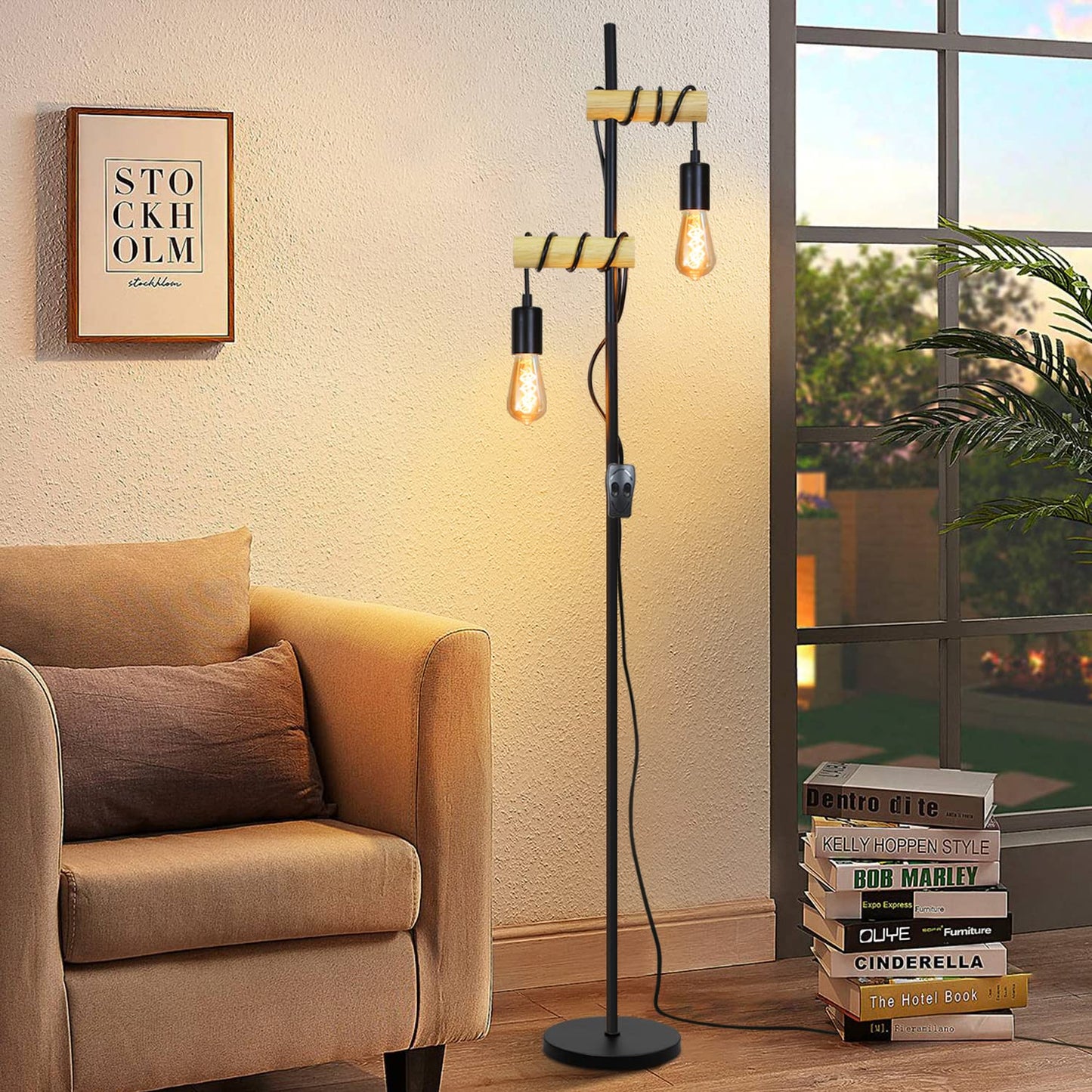 ZMH Stehlampe Wohnzimmer Vintage Stehleuchte Holz - Schwarz Industrial Standleuchte mit E27 2 Flammige Schwenkbar 180¡ã Standlampe mit Schalter f¨¹r Schlafzimmer B¨¹ro Arbeitzimmer - Ohne Leuchtmittel