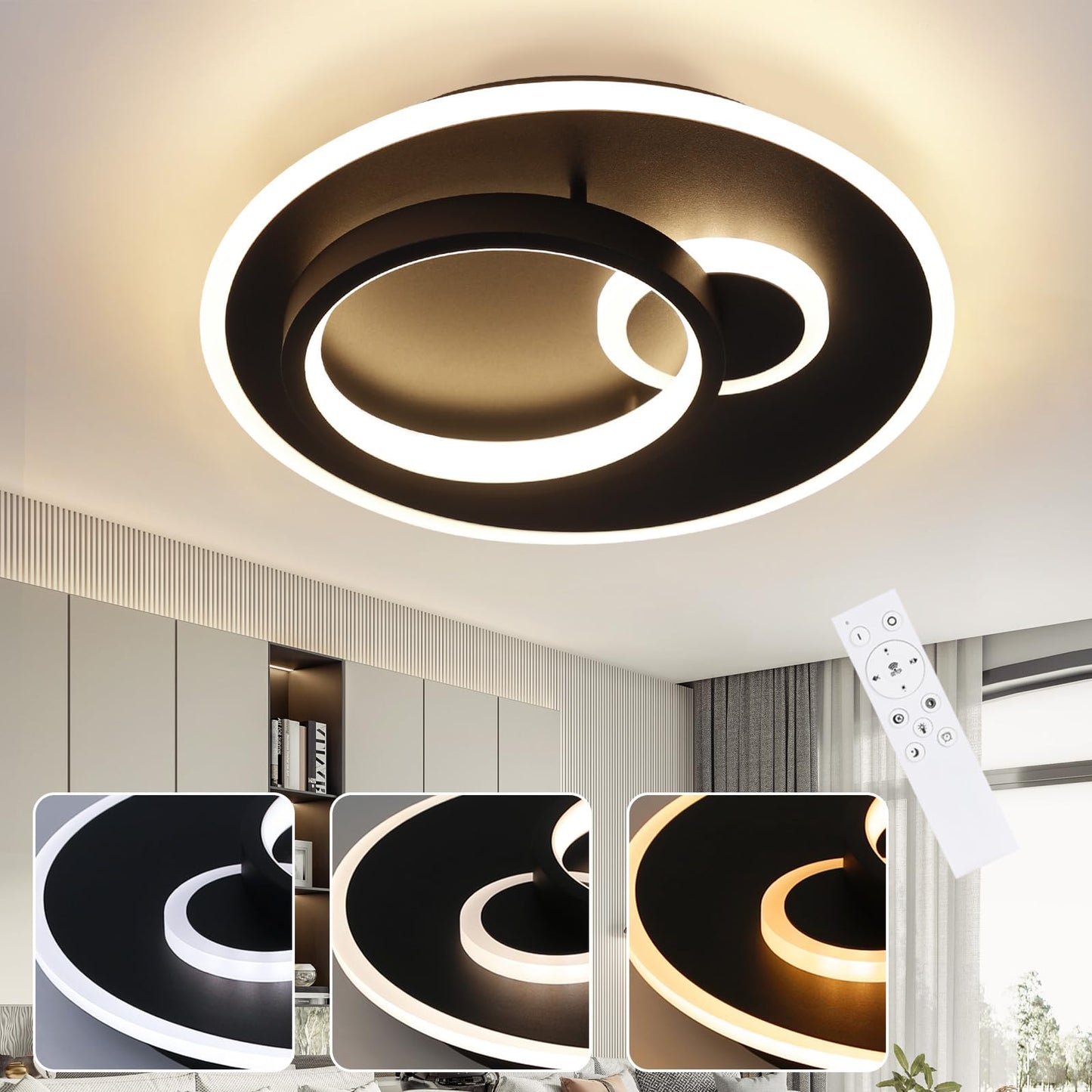 ZMH Led Deckenlampe Wohnzimmer Deckenleuchte Flur - Schwarz 33W Dimmbar Wohnzimmerlampe Modern Schlafzimmerlampe Rund Design Flurlampe mit Fernbedienung Deckenbeleuchtung f¨¹r K¨¹che Esszimmer B¨¹ro