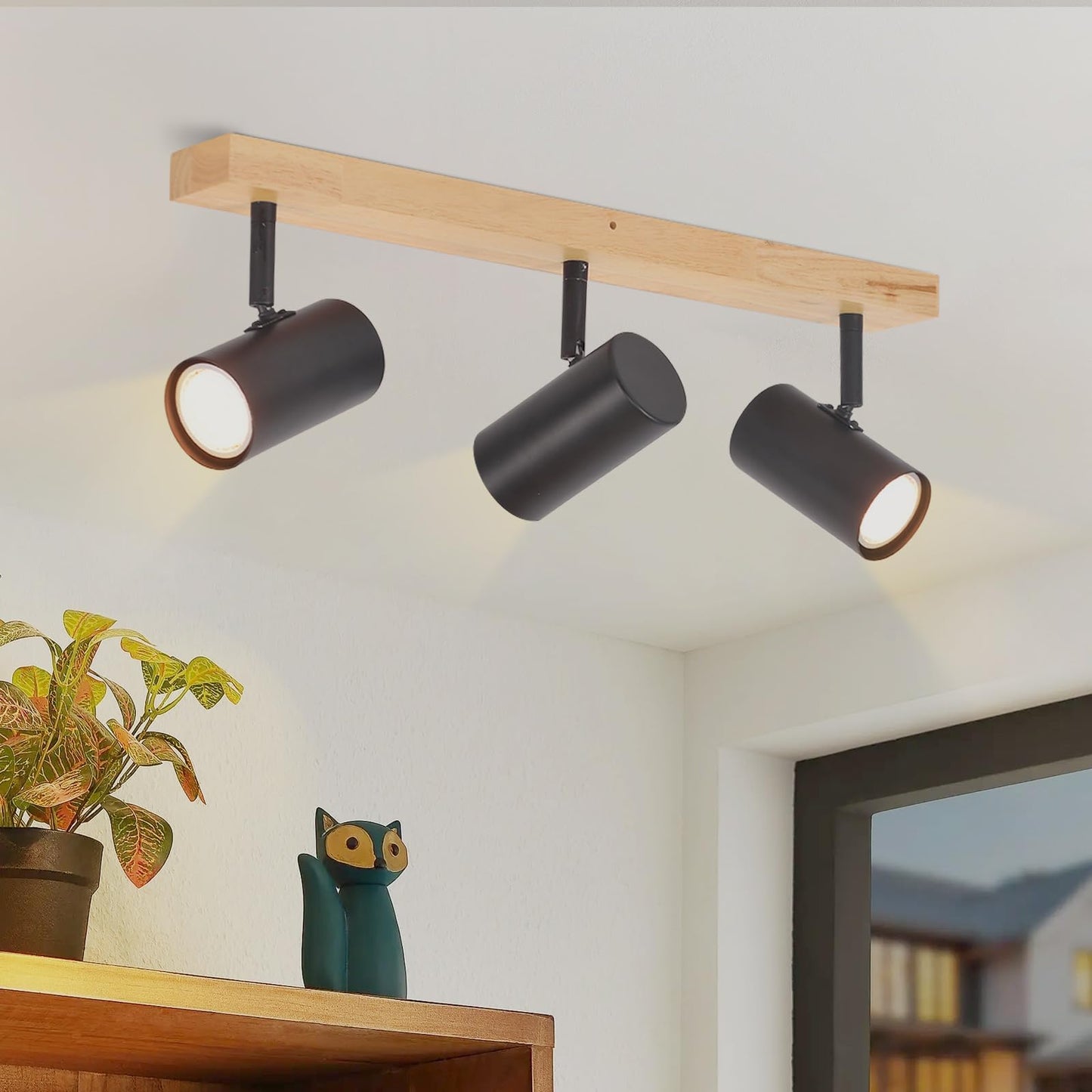 Deckenstrahler Schwarz 3 Flammig Flurlampe - Holz Deckenspots GU10 Vintage Retro Metall Deckenlampe Verstellbare 350¡ã f¨¹r Flur Schlafzimmer Wohnzimmer Arbeitszimmer Keine Leuchtmittel
