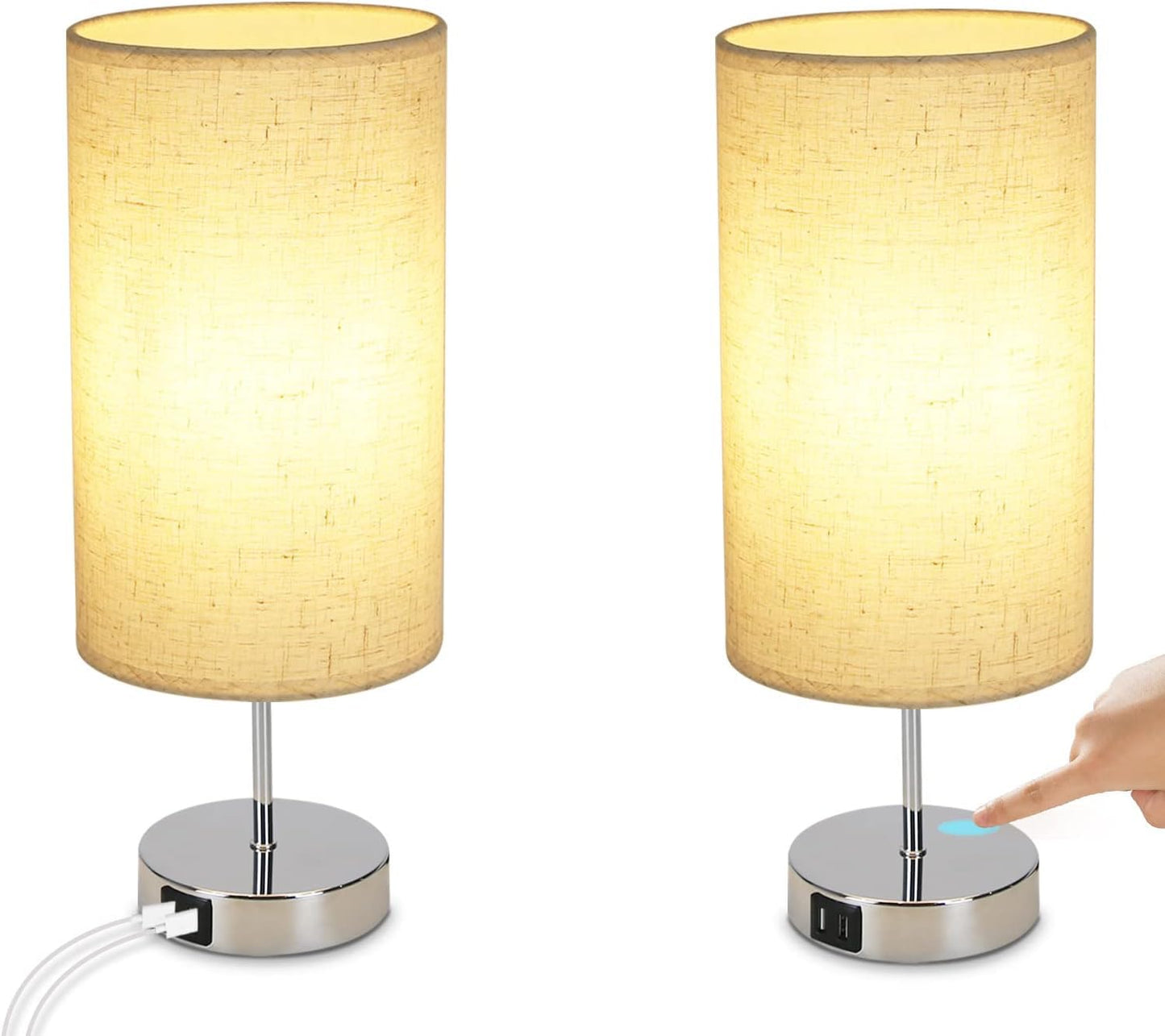 ZMH Nachttischlampe Touch Dimmbar 2er - Tischlampe E27 USB Ladefunktion Wohnzimmer Chrom mit Stoff Lampenschirm f¨¹r Schlafzimmer Wohnzimmer Nachttisch Schreibtisch Leuchtmittel nicht enthalten