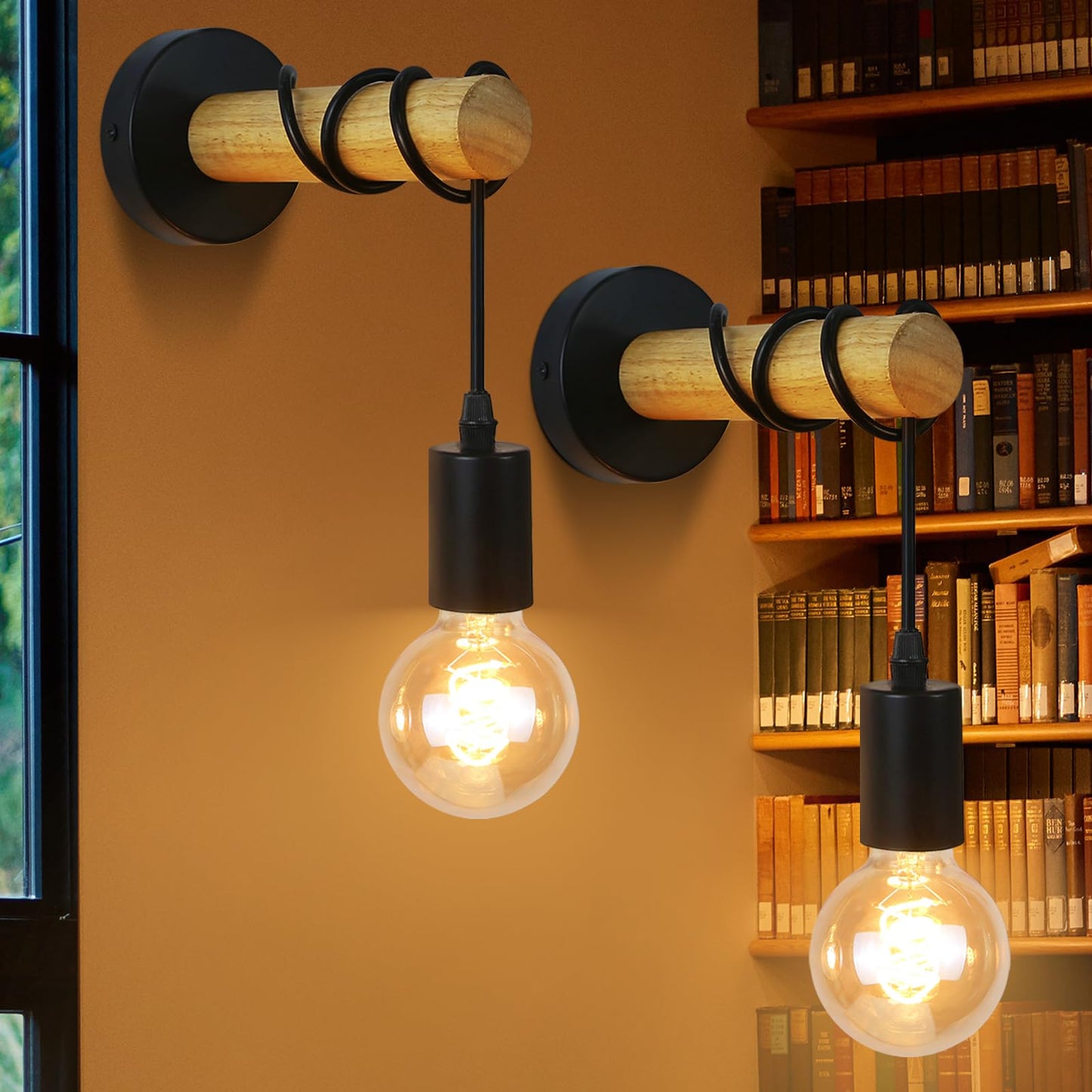 ZMH 2 St¨¹ck Wandleuchte Innen Wandlampe Holz: Vintage Wandstrahler Schwarz Retro Industrial Wandbeleuchtung Schlafzimmer E27 Rustikal Design Wandspot f¨¹r Wohnzimmer Flur - Ohne Leuchtmittel