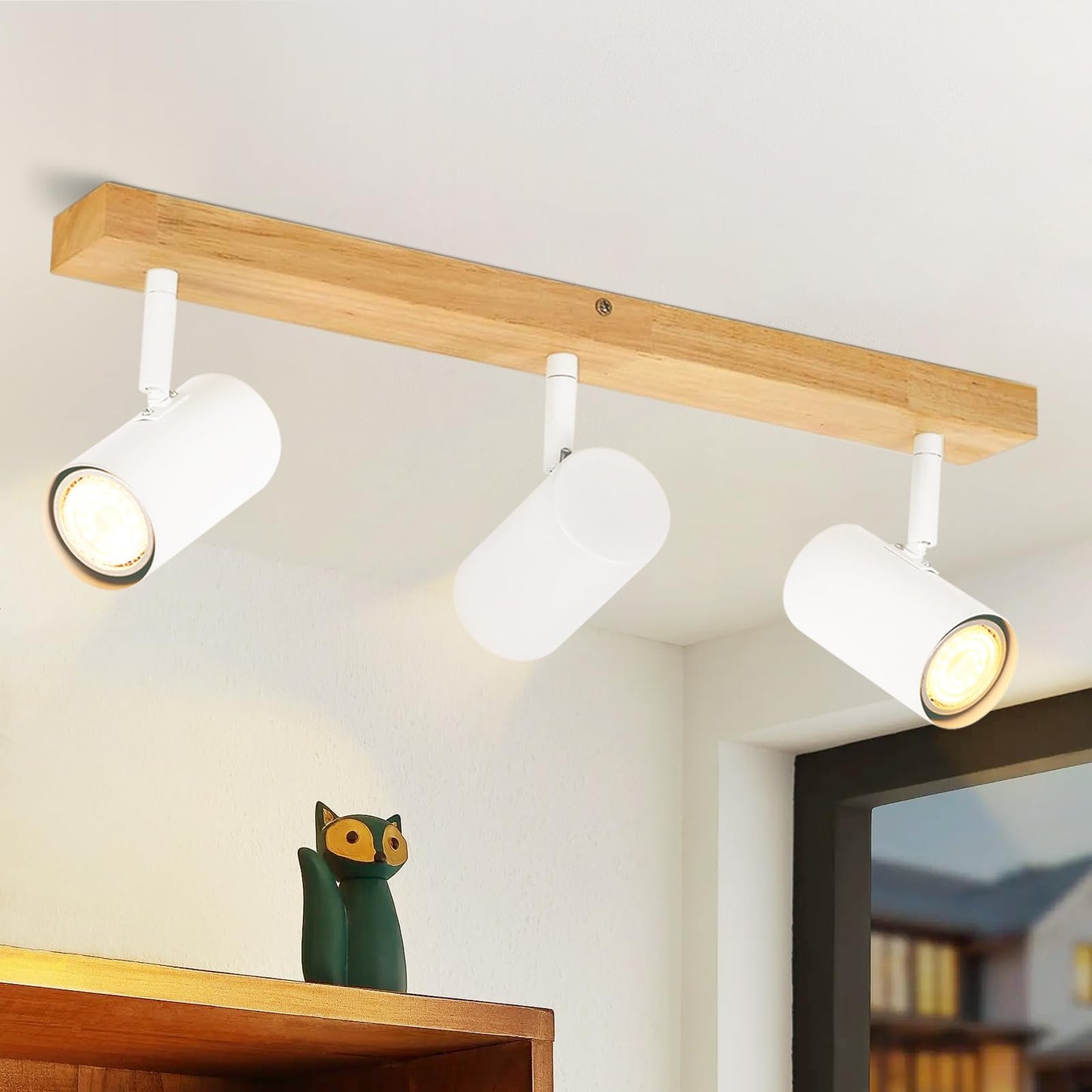 Deckenleuchte Holz Deckenstrahler 3 Flammig - Vintage Deckenlampe GU10 Deckenspots Modern Wei? Schwenkbar 350¡ã Flurlampe f¨¹r Schlafzimmer Wohnzimmer Arbeitszimmer Esszimmer K¨¹che