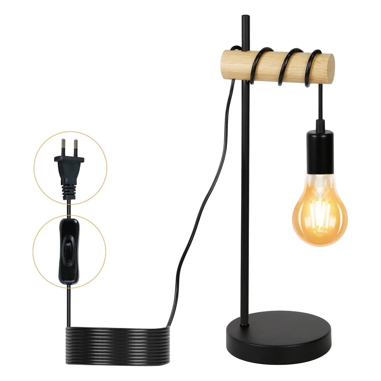 ZMH Tischlampe Holz Nachttischlampe Vintage Tischleuchte Schwarz Retro E27 in Industrial Rustikal Design Nachttischleuchte Kabel mit Schalter f¨¹r Wohnzimmer Schlafzimmer Dekorative Beleuchtung