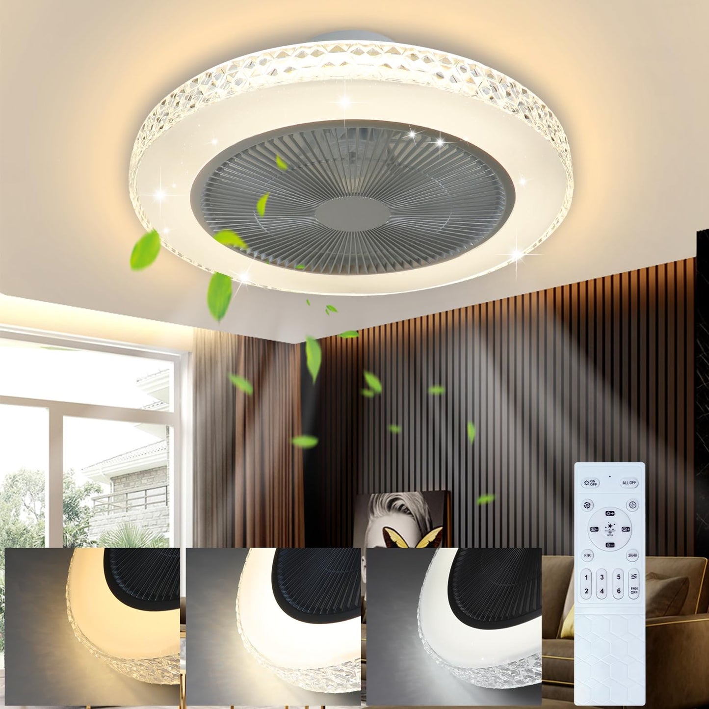 ZMH Deckenventilator Mit Beleuchtung und Fernbedienung Leise - 48.5CM LED Deckenlampe Dimmbar Wohnzimmer Ventilator Timing Deckenleuchte Fan Kristall Sommer-/Winter f¨¹r Schlafzimmer Esszimmer