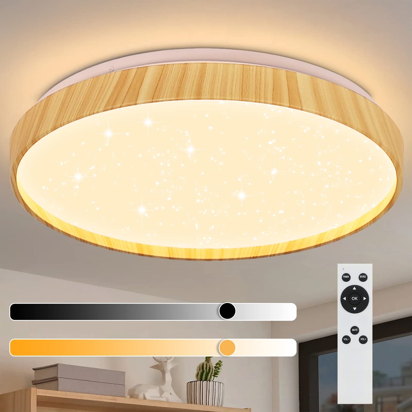 ZMH LED Deckenleuchte Dimmbar Deckenlampe Schlafzimmer - Wohnzimmer Sternenhimmel Rund 40CM Wohnzimmerlampe mit Fernbedienung Schlafzimmerlampe Modern mit Holzoptik f¨¹r Kinderzimmer K¨¹che Flur Treppen